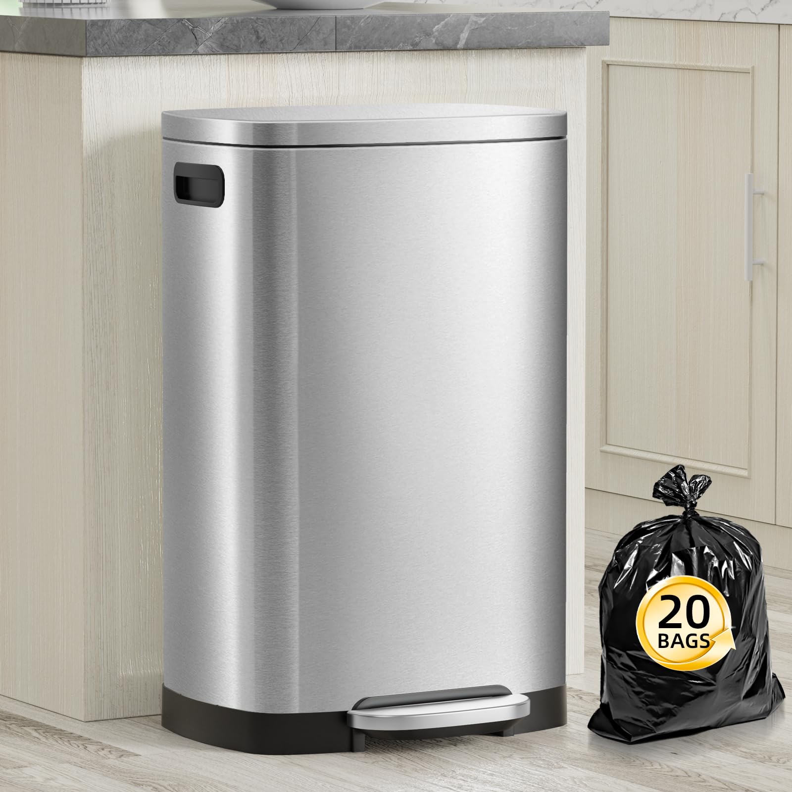 13 Gallon Stainless Steel Trash Can with Lid - 50L Fingerprint Proof Kitchen Garbage Bin, Removable Inner Bucket & Soft Close Pedal - Ideal for Home, Office & Restaurant Use