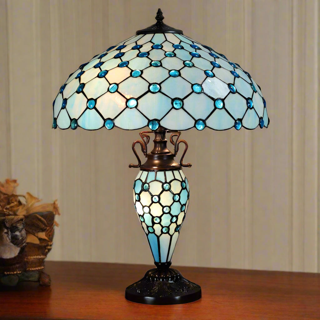 Minster Seaton Double Tiffany Table Lamp - Vintage Stained Glass Table Lamp for Living Room, Bedroom & Office Decor - Perfect for Home & Office Lighting