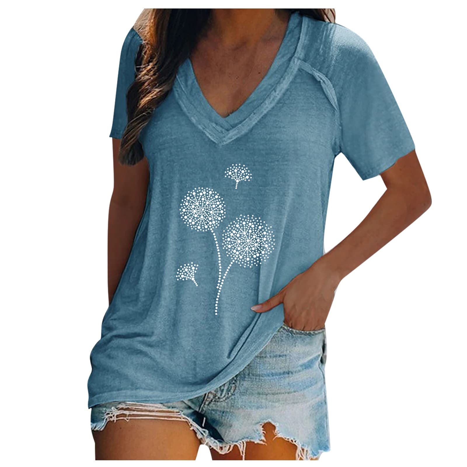 Women's Plus Size V-Neck Dandelion Print T-Shirt - Casual Loose Fit Short Sleeve Top for Everyday Wear & Summer Outfits