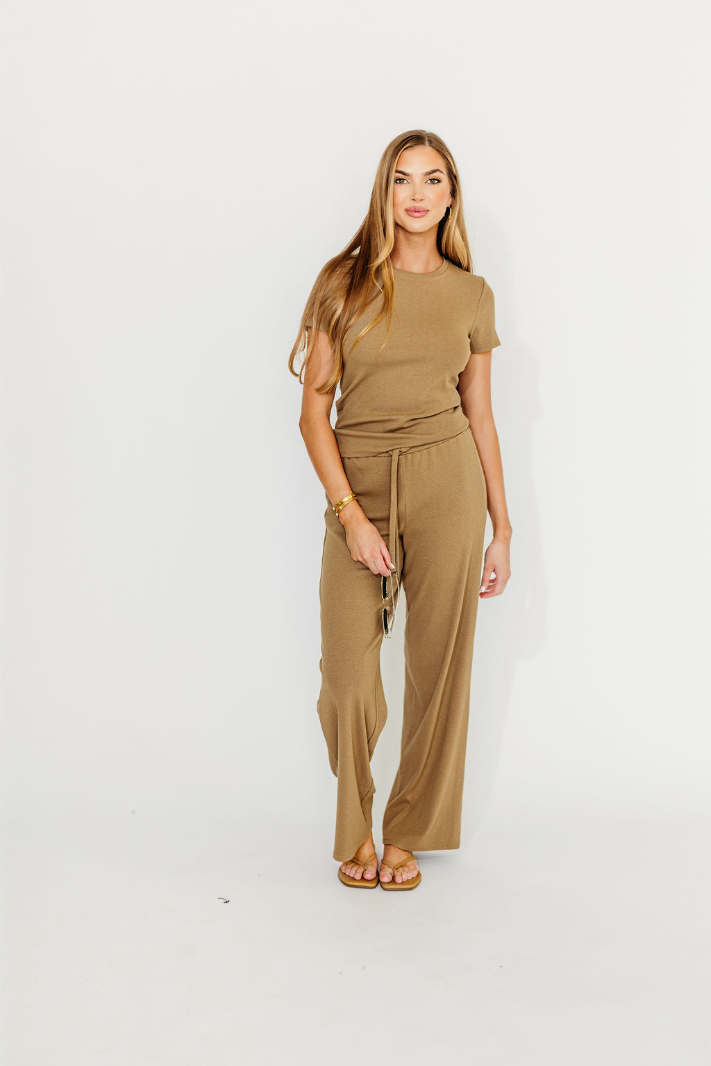 The Muse Knit Ribbed Short Sleeve Top & Pants Set - Women's Casual Lounge Outfit in Mocha Brown | Soft Stretchy Comfort Wear for Yoga, Travel & Home Relaxation