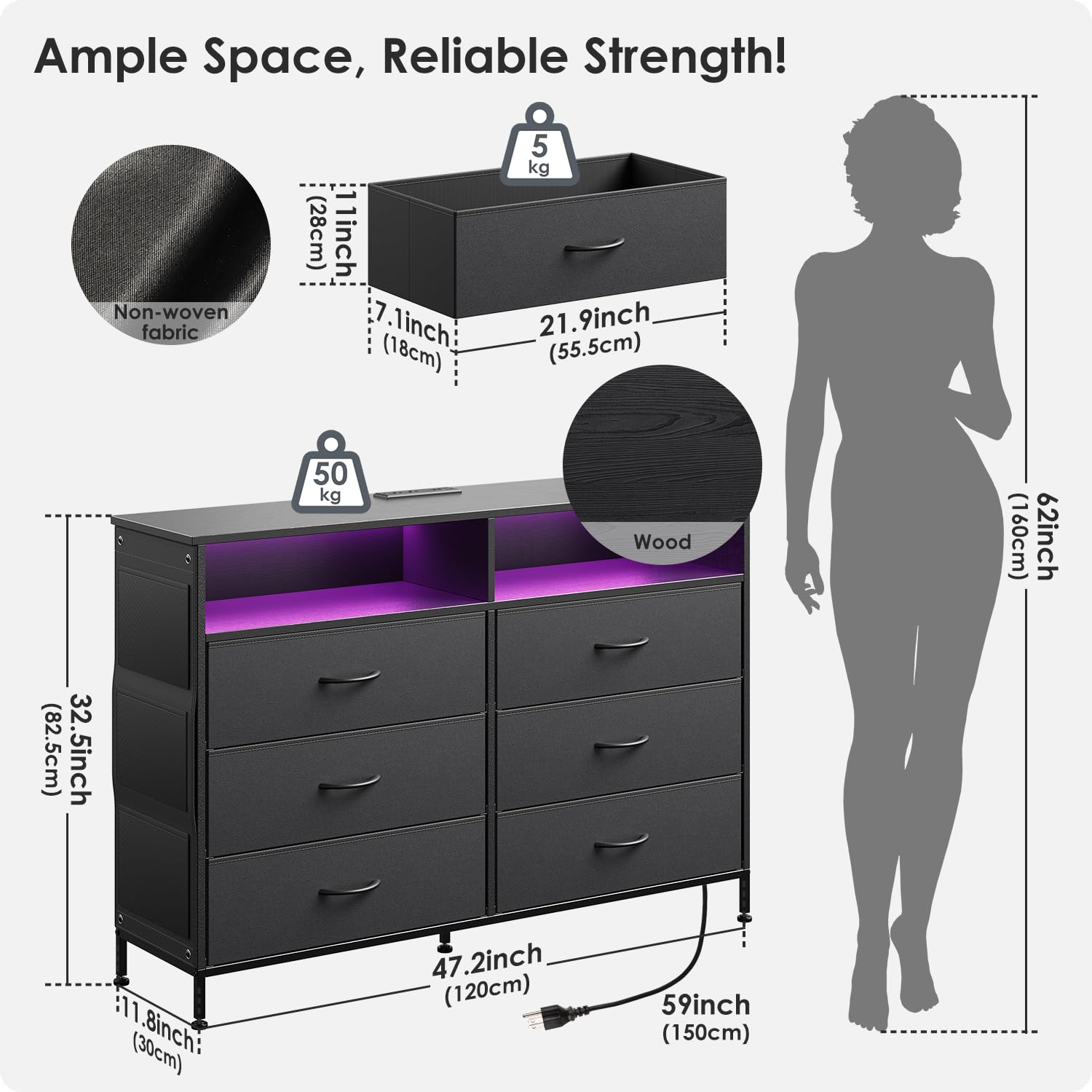 Modern Black 6-Drawer Wood Dresser with LED Lights & USB Charging Station - Bedroom Storage Cabinet with Extra Side Bag & Double Wide Drawers - TV Stand for 60