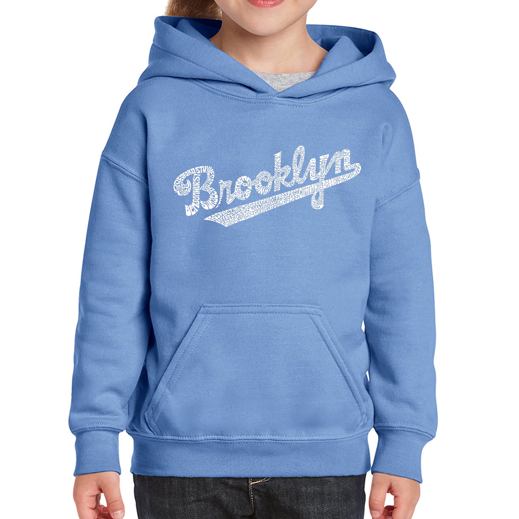 LA Pop Art Girl's Word Art Hooded Sweatshirt - Trendy Brooklyn Neighborhoods Design | Cute Graphic Pullover for Women & Teens | Perfect for Streetwear, Casual Outfits & Urban Fashion