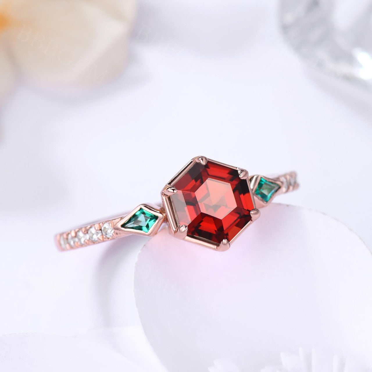 Unique Hexagon Garnet and Emerald Engagement Ring - Bezel Set Rose Gold Wedding Band for Women - Perfect for Proposals, Anniversaries, and Special Occasions