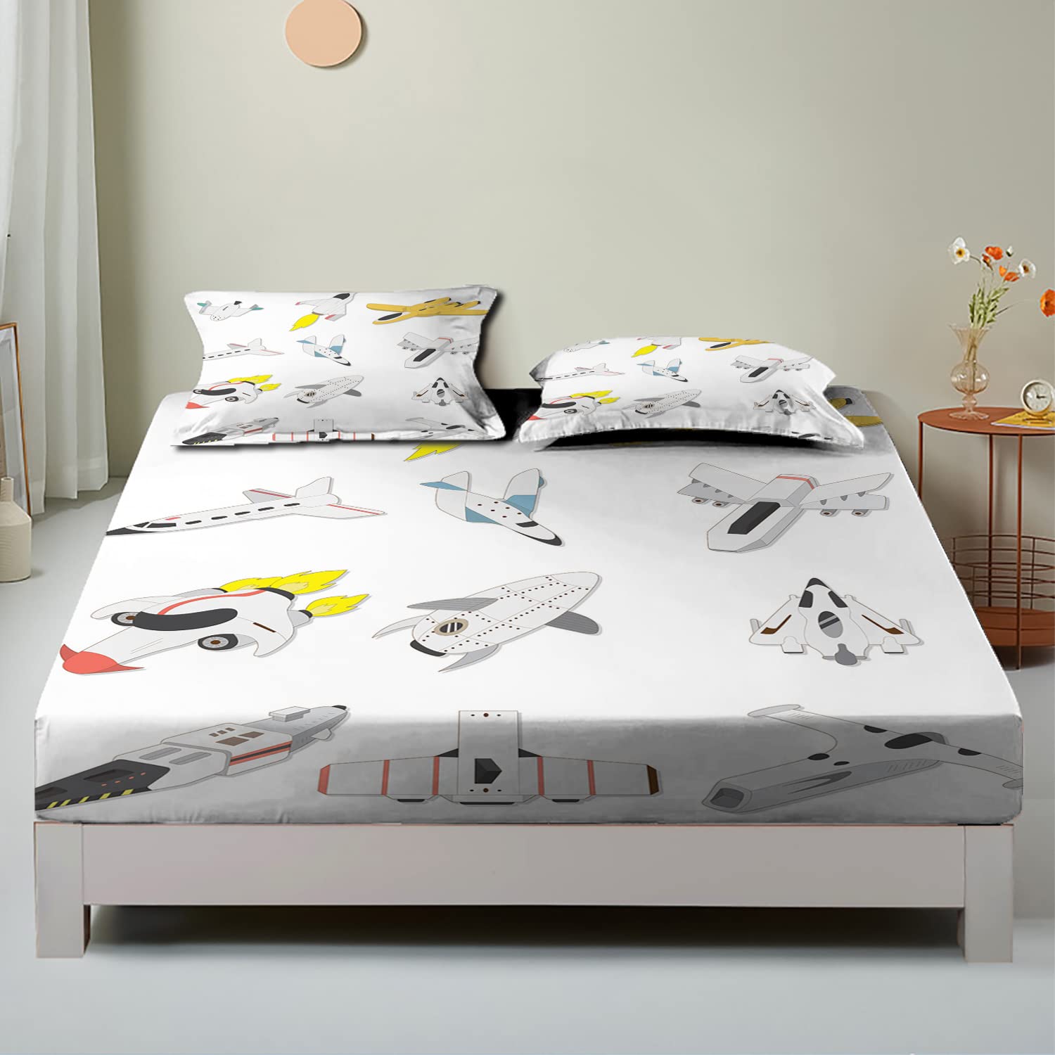 Space Themed Nursery King Fitted Bed Sheets - 3 Piece Decorative Printed Bedding Set with Deep Pocket (Multicolor) for Baby Room Decor & Astronaut Theme Bedroom