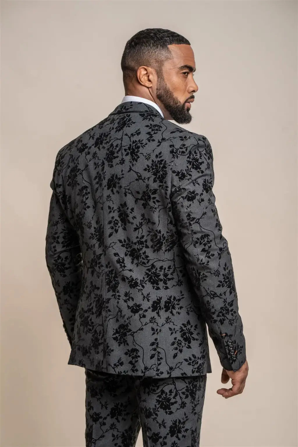 Cavani Georgi Floral Print 3-Piece Suit for Men - Black & Red Formal Tuxedo Set for Weddings, Prom, Red Carpet Events & Special Occasions