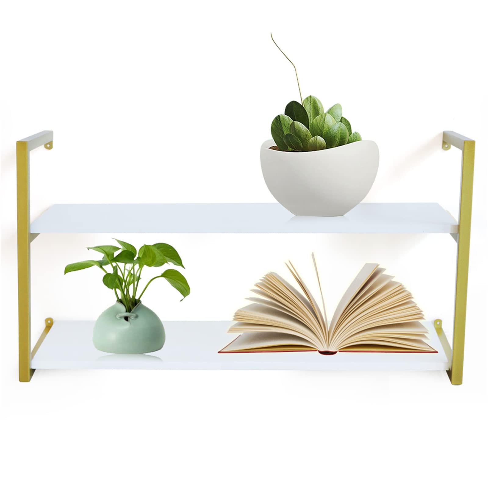 Eapmic 2-Tier 36 Inch Floating Wall Shelves - Rustic Wood Wall Mounted Storage Shelves with Metal Brackets for Living Room, Office, Bedroom - DIY Bookshelf Decor for Home & Office Organization (Gold)