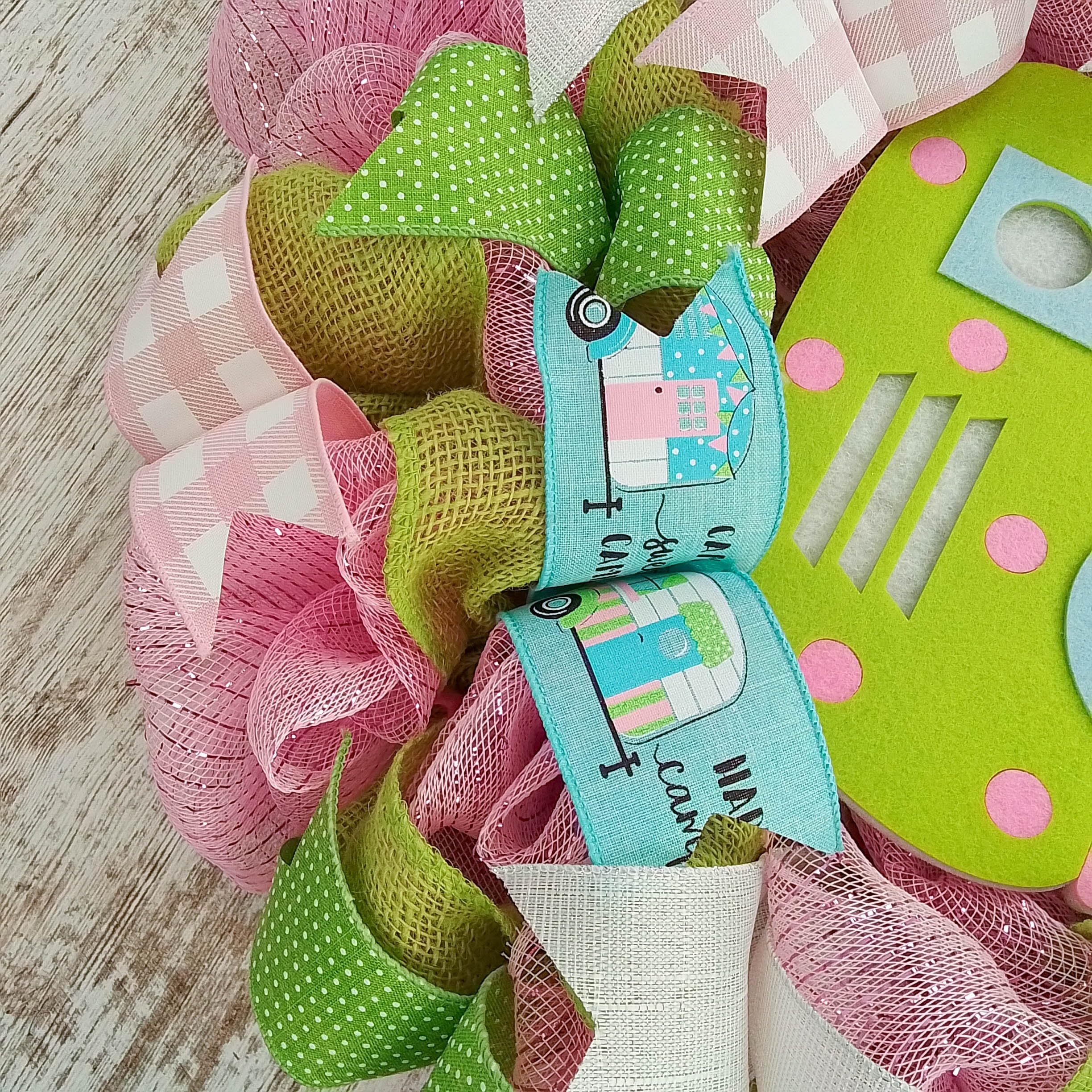 Camping Wreath - Decorative Mesh Wreath for Spring & Summer - Pink, Turquoise & Lime Green - Perfect for RV, Cabin & Outdoor Welcome Decor