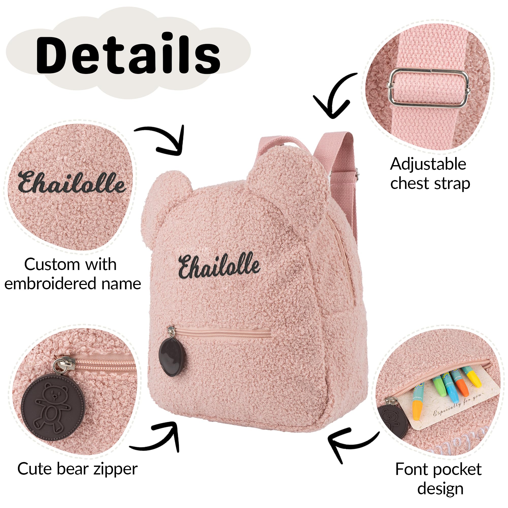 MT WORLD Personalized Plush Teddy Bear Backpack for Toddlers & Kids - Soft Fuzzy Bear Ears Shoulder Bag, Cute Daycare & Preschool Backpack for Girls (Pink) - Perfect for School, Travel & Birthday Gifts