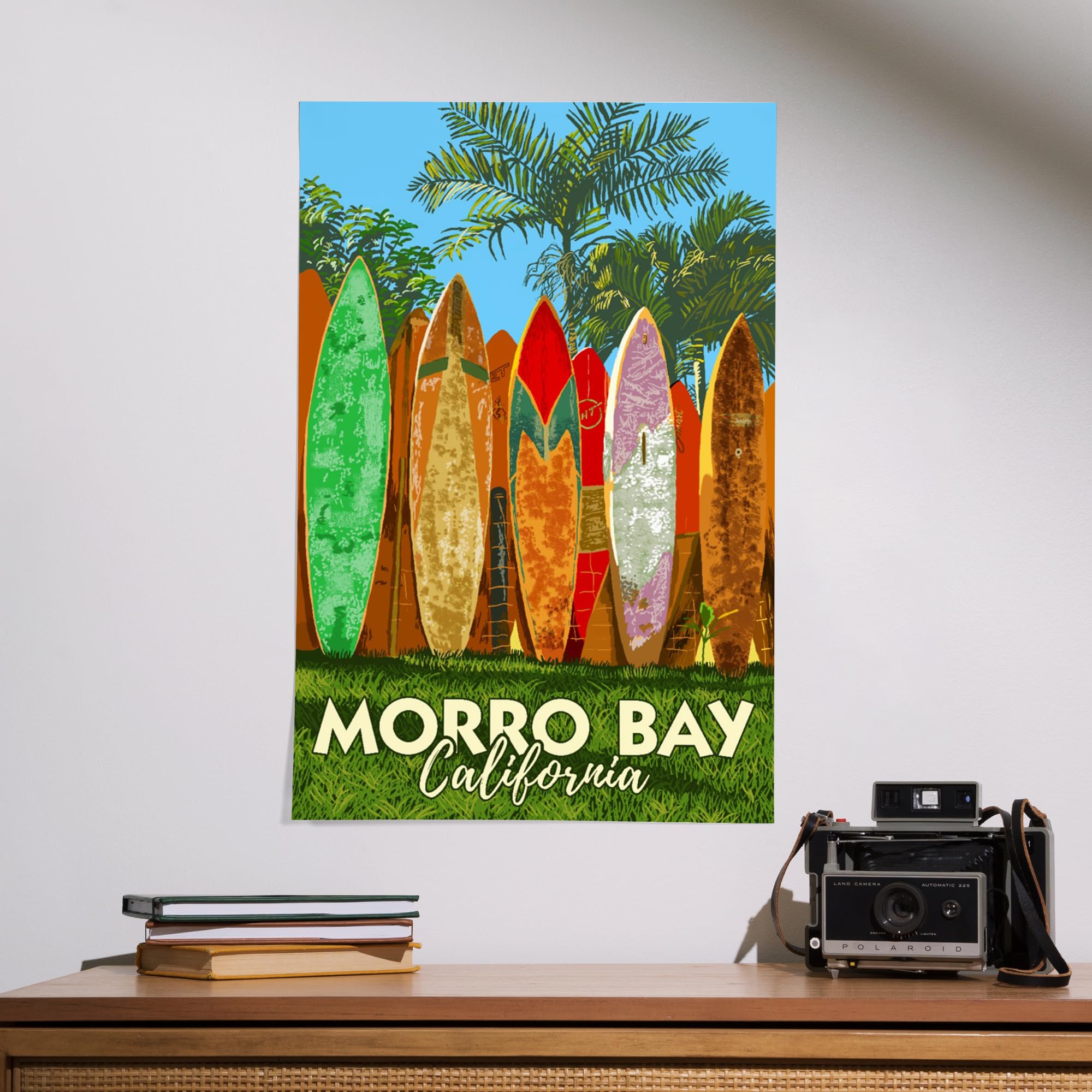 Lantern Press 16x24 Inch Giclee Art Print - Morro Bay California Coastal Wall Decor with Surfboard Fence - Perfect for Beach House, Living Room & Office Wall Art