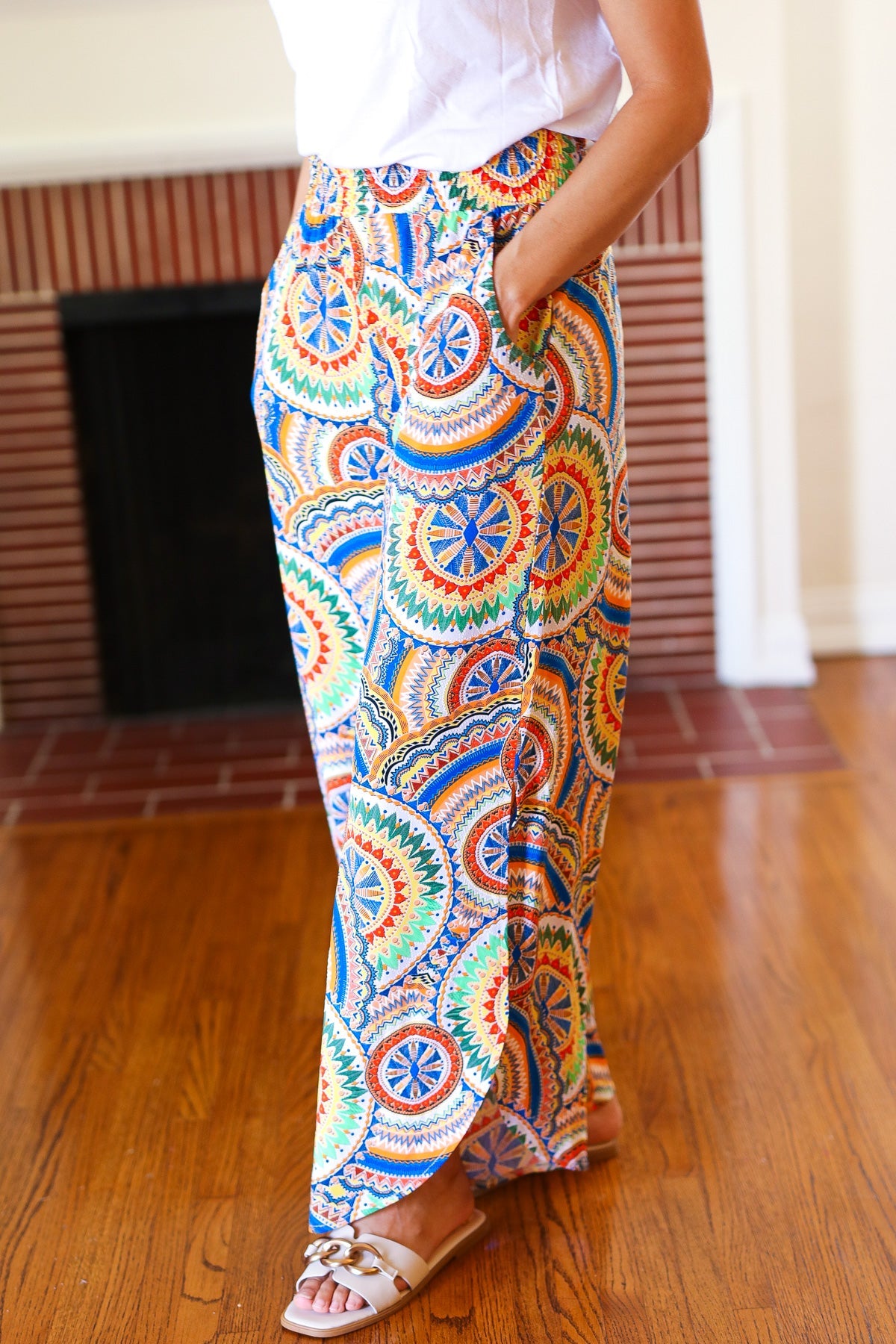 Stylish Multicolor Mandala Print Smocked Waist Palazzo Pants with Side Slits - Perfect for Yoga, Beach Vacations & Boho Fashion Outfits