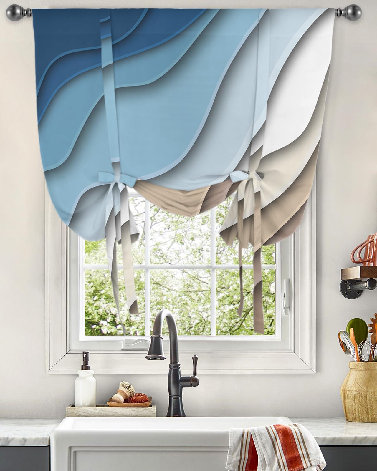 Modern Teal Blue Geometric Tie-Up Kitchen Curtains - Adjustable Balloon Shade with Stripe Pattern, Rod Pocket Drapes for Small Windows (42
