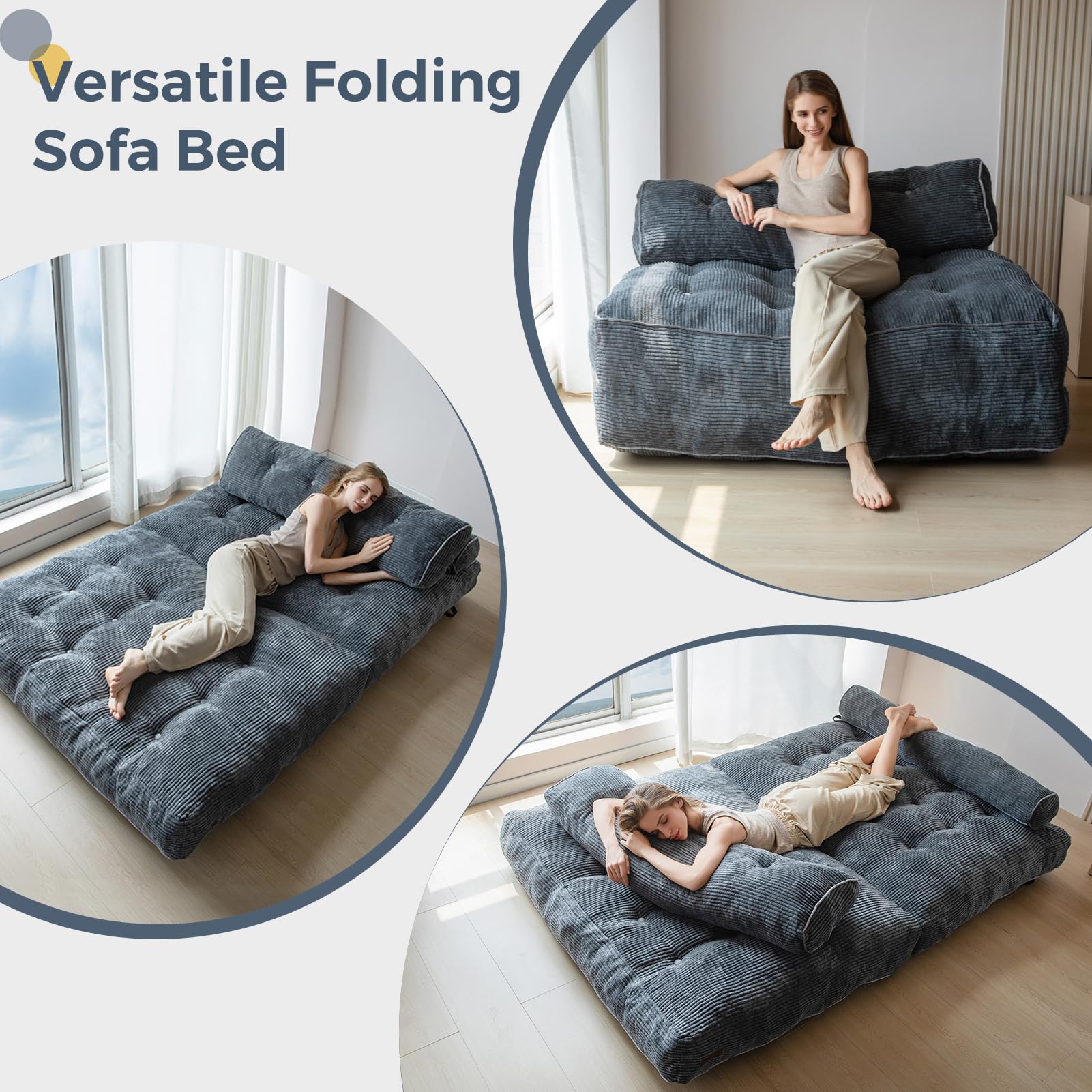 MAXYOYO Corduroy Folding Sofa Bed - Convertible Sleeper Chair with Pillow & Foldable Mattress, Back Support (Double Size, Dark Grey) for Small Spaces, Guest Rooms & Apartments