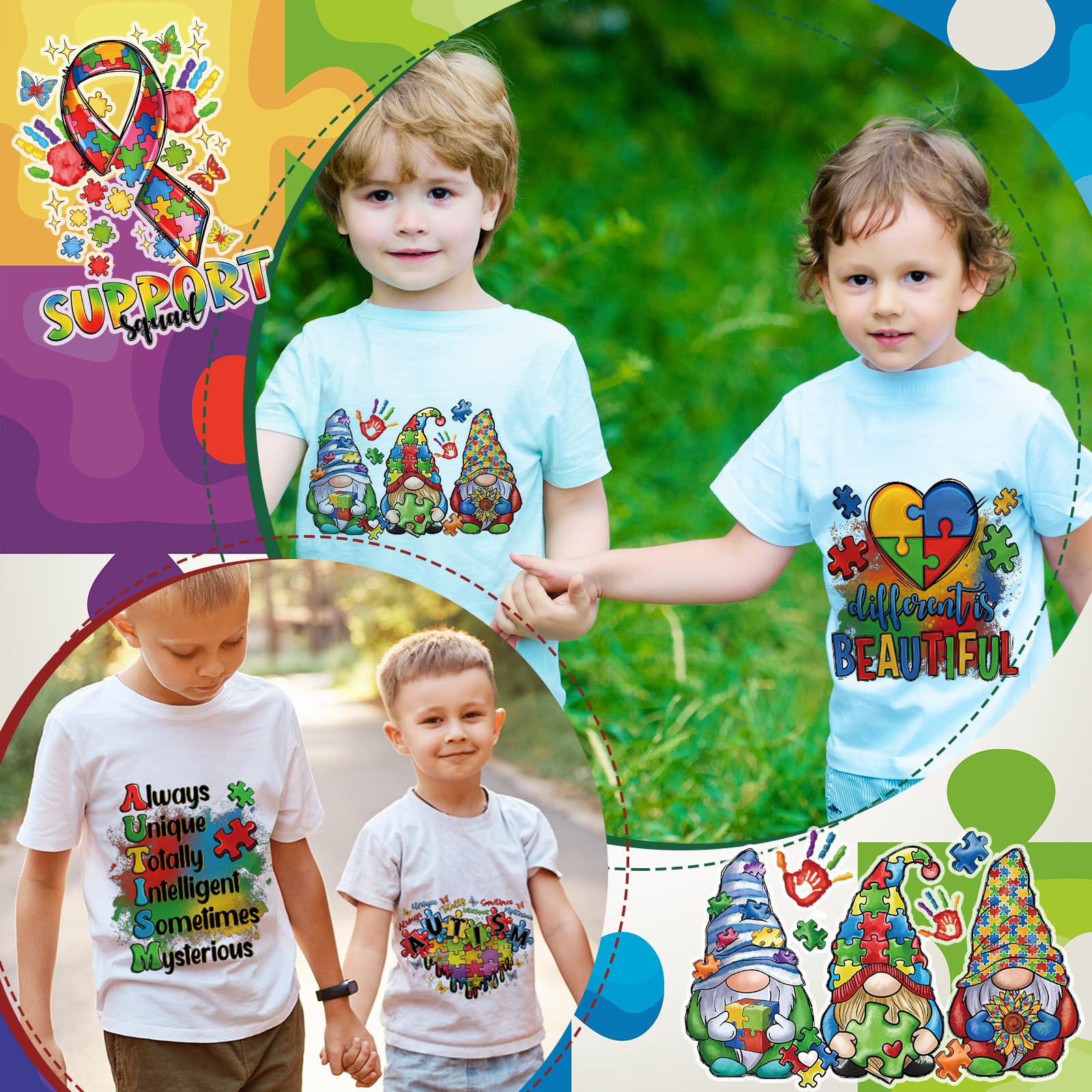 30 Pcs Autism Awareness Iron-On Transfers - Puzzle Rainbow Vinyl Patches for Clothes, DIY Heat Stickers for T-Shirts, Bags & Hats - Autism Support & Awareness Decals for Kids & Adults