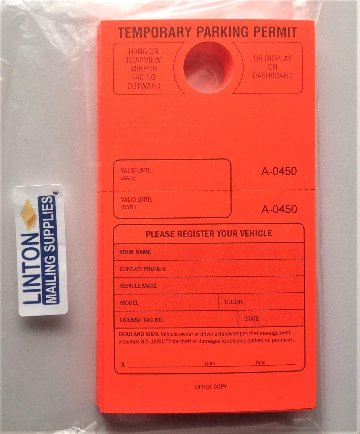 Temporary Parking Permit Mirror Hang Tags - Consecutive Numbered with Tear-Off Stub, 7.75