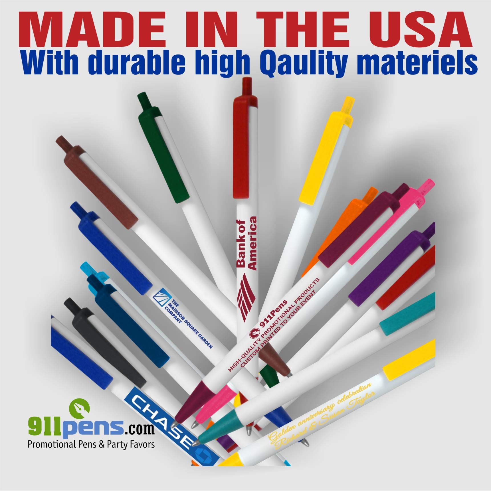 Custom Printed 911PENS USA Made Ballpoint Pens - Personalized with Your Logo & Text - Pack of 50 White Pens with Dark Green Trim - Perfect for Corporate Gifts, Promotional Events & Office Supplies
