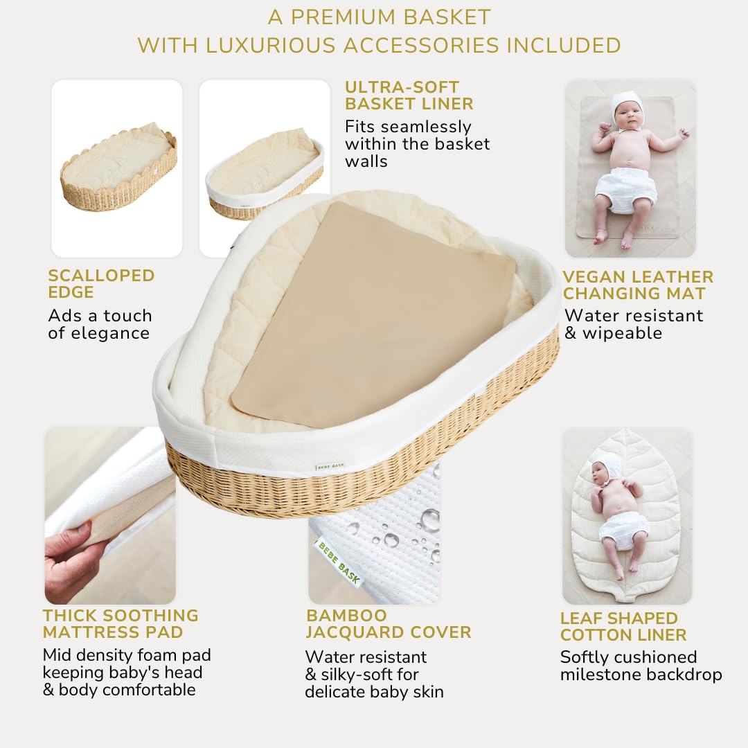 Premium Baby Changing Basket Set - Handwoven Scalloped Rattan Nursery Organizer with Changing Pad & Accessories | Natural Bamboo Diaper Caddy for Nursery, Bedroom & Baby Shower Gift