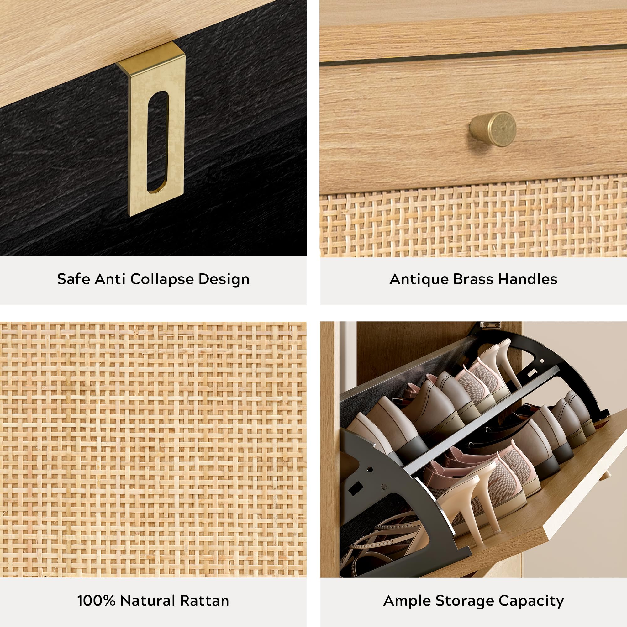 Farmhouse Rattan Shoe Cabinet with 2 Flip Drawers - Slim Narrow Wooden Shoe Organizer for Entryway & Hallway - Natural Oak Finish - Perfect for Small Spaces, Apartments & Boho Home Decor