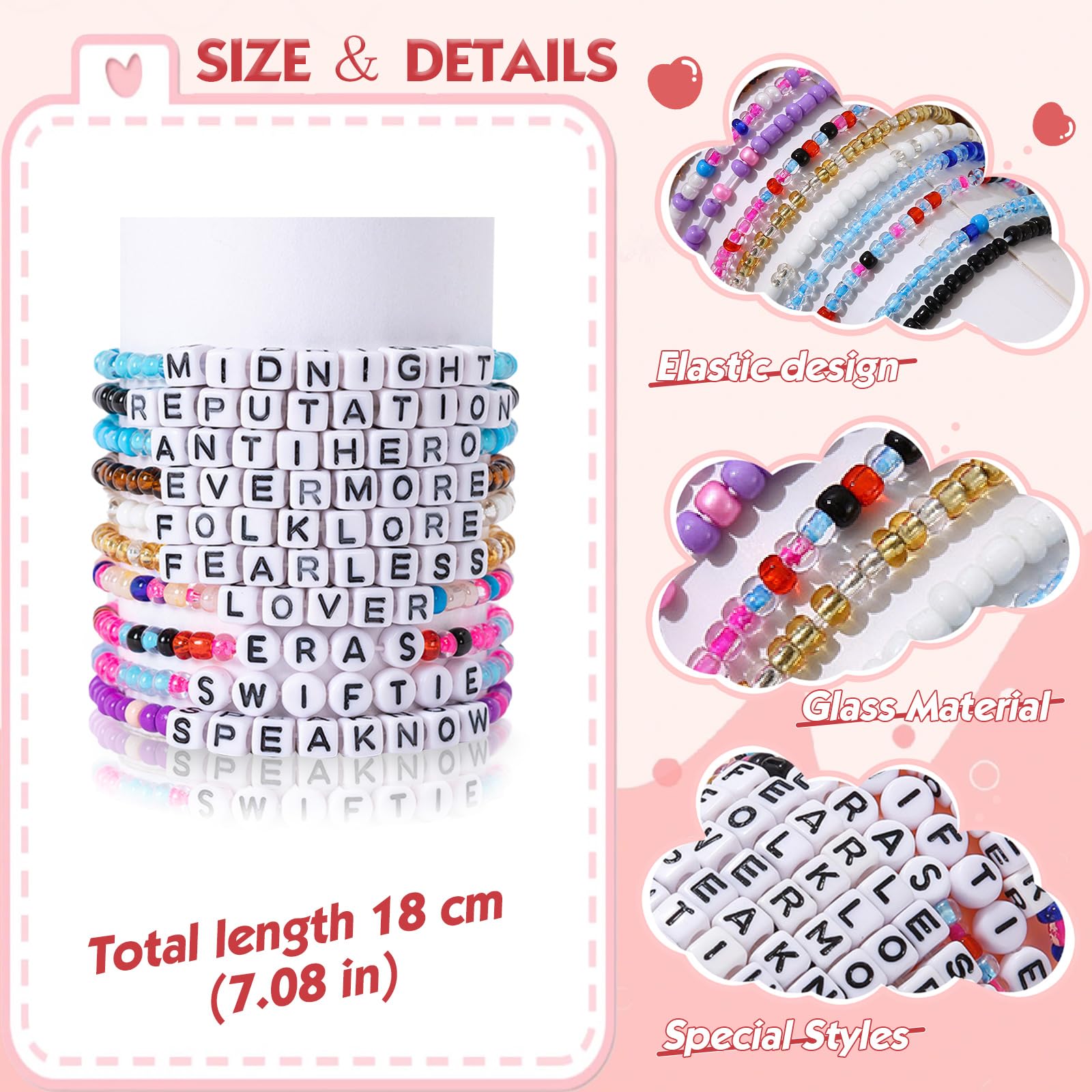 10Pcs Preppy Friendship Bracelet Set - Colorful Glass Beaded Bracelets Inspired by 1989 Reputation Era | Taylor Swift Concert Accessories for Layering & Music Festival Gifts