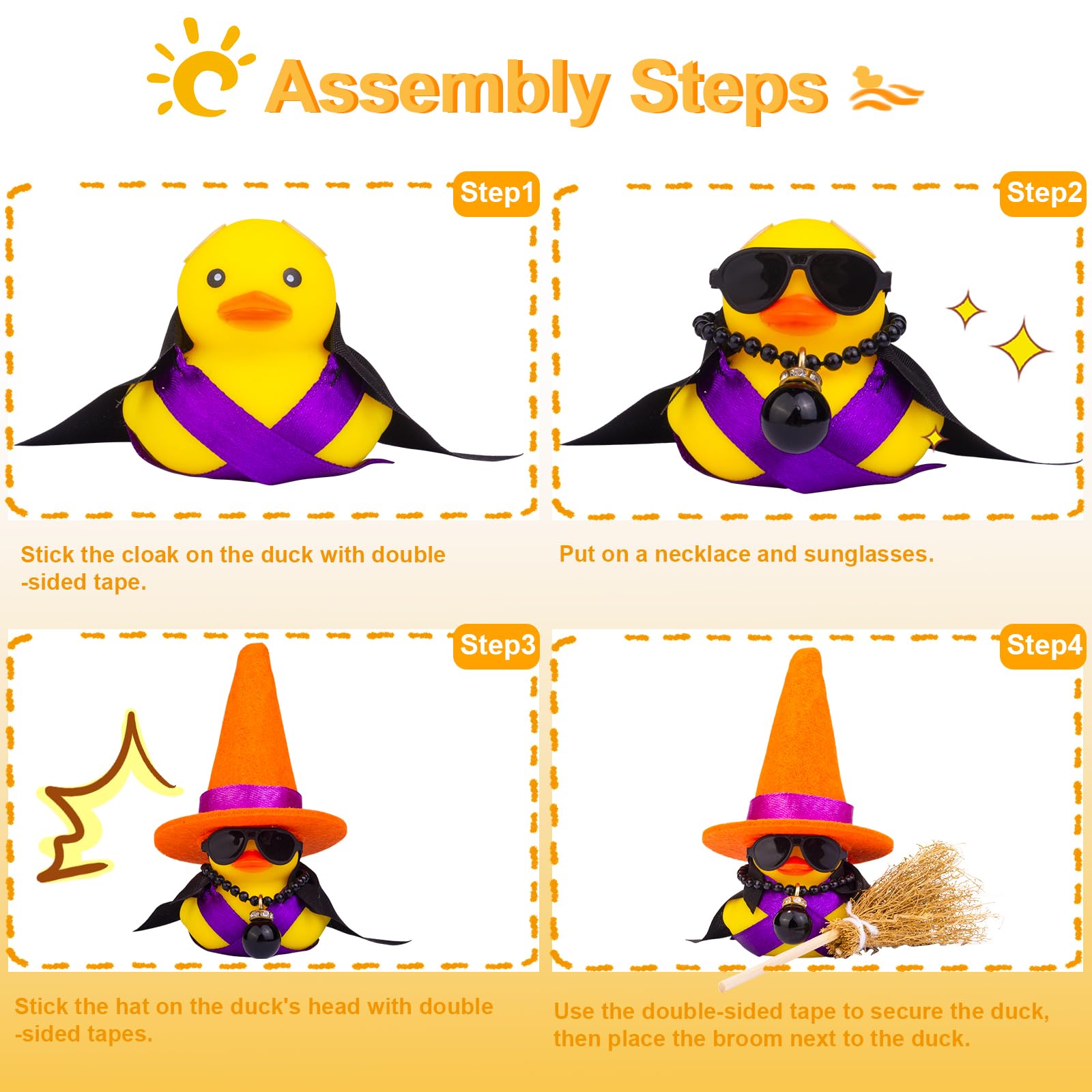 Witch Duck Car Dashboard Decorations - Cute Duck Car Ornaments with Witch Hat, Broom & Sunglasses - Fun Car Accessories for Halloween & Everyday Decor