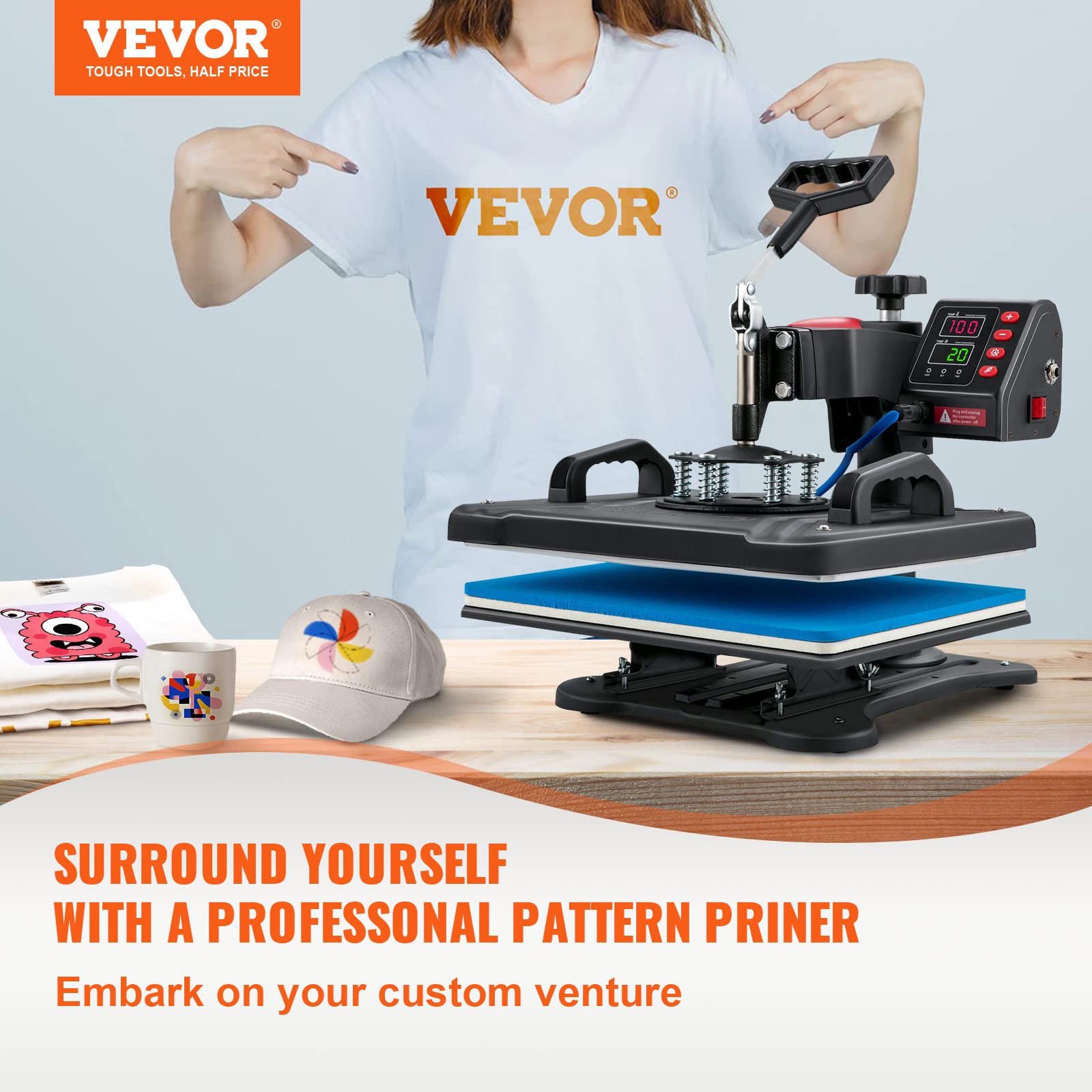 VEVOR 5-in-1 Digital Heat Press Machine 12x15 Inch - Multifunctional Sublimation Swing Away T-Shirt Press with 360° Rotation for T-Shirts, Hats, Mugs | Perfect for DIY Custom Apparel, Promotional Items & Small Business Printing