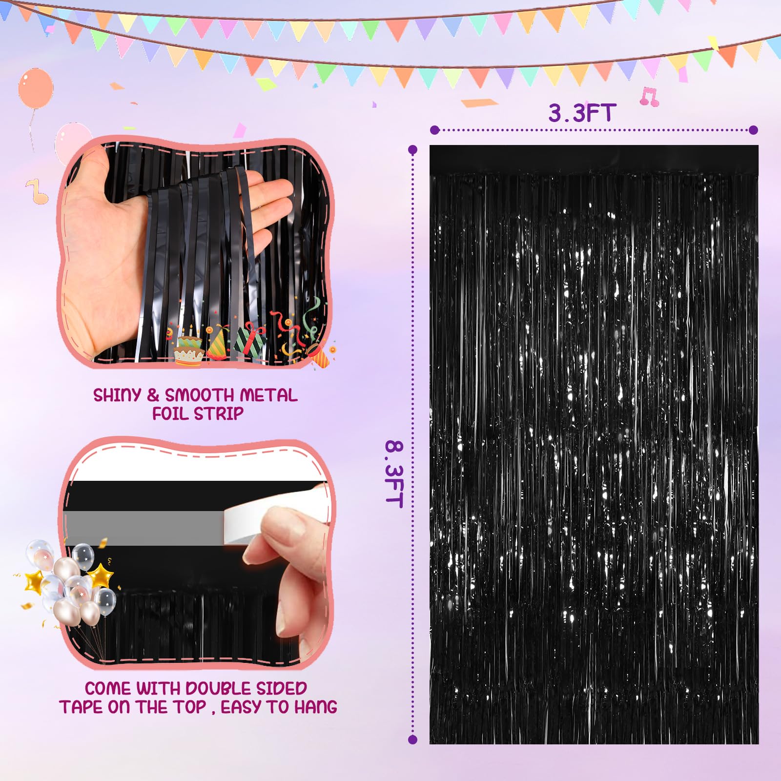 2 Pack Black Metallic Tinsel Foil Fringe Curtains - 3.3x8.3 Feet Party Streamers for Birthday, Christmas, New Year Decorations - Perfect for Doorways, Photo Backdrops & Event Decor