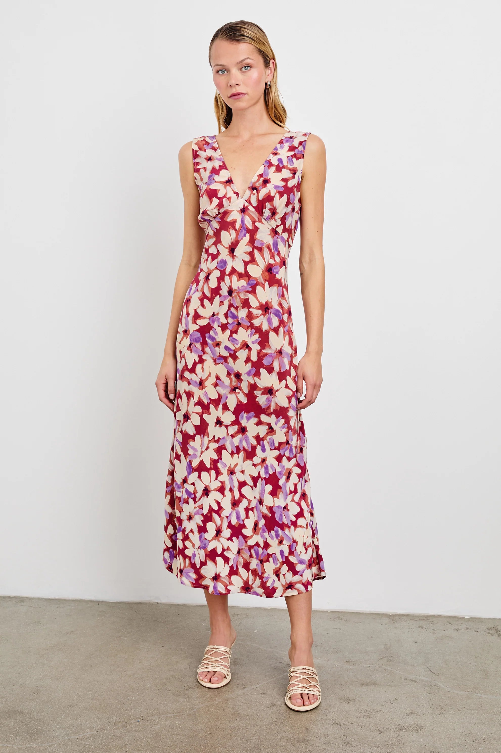 AUDRINA AMARANTH FLORAL DRESS - Women's Elegant Flowy Midi Dress with V-Neck & Short Sleeves - Perfect for Summer Weddings, Garden Parties & Date Nights