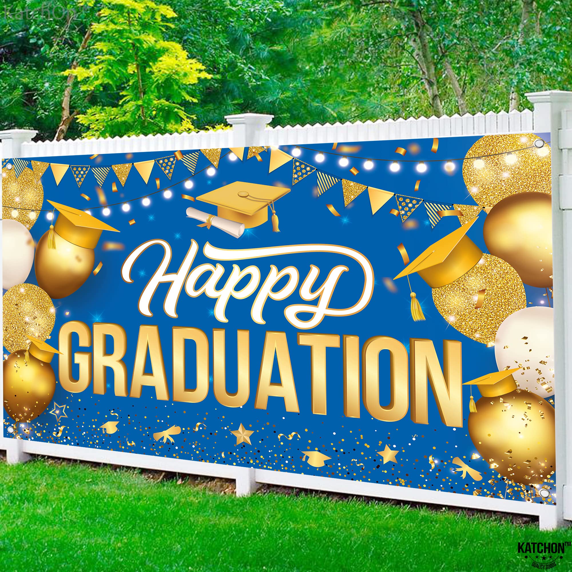 Katchon Extra Large Graduation Banner - 72x44 Inch Gold & Blue Happy Graduation Backdrop for Class of 2025 | 2025 Graduation Party Decorations, Commencement Ceremony Decor | Perfect for Graduation Photos, School Events & Celebration Parties