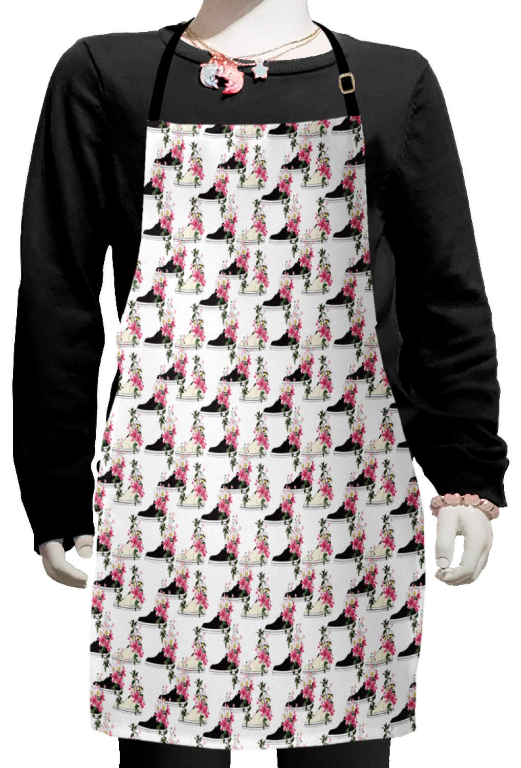 Ambesonne Floral Apron - Adjustable Small Bib Apron for Baking, Painting & Cooking - Fashion Flowers Sneakers Design on Plain Background - Multicolor - Perfect for Home Chefs, Artists & DIY Enthusiasts