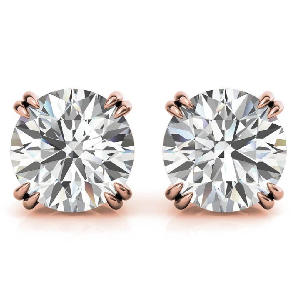 10K/14K/18K Solid Rose Gold Handmade Stud Earrings - 3 TCW Round Cut Moissanite Diamond Earrings for Women - Solitaire Anniversary, Engagement & Birthday Gift Jewelry - Push/Screw Back Dual Prong Setting - Perfect for Weddings, Date Nights & Special Occasions