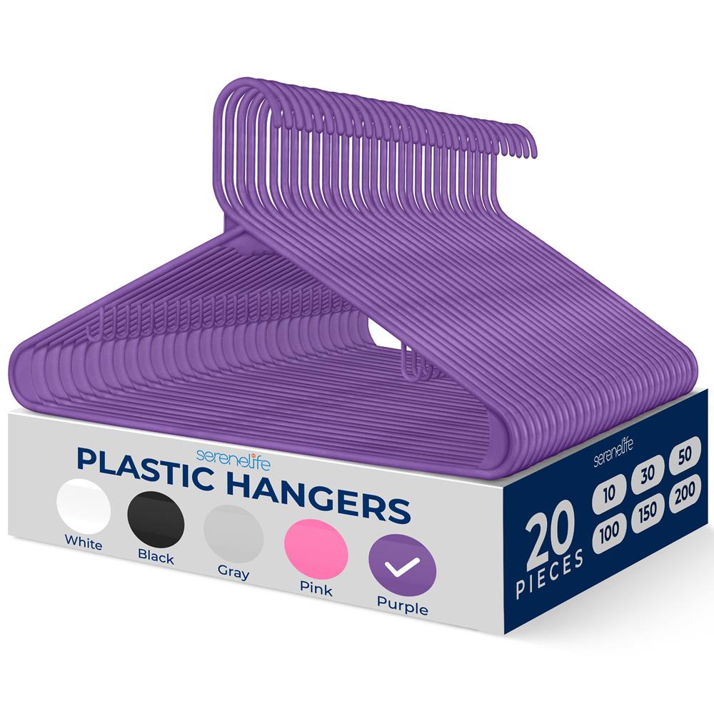 SereneLife Premium 20 Pack Plastic Hangers - Lightweight & Durable Space-Saving Closet Organizers for Shirts, Sweaters, Hoodies, Dresses & Kids Clothes - Perfect for Home, Closet & Wardrobe Organization (Purple)