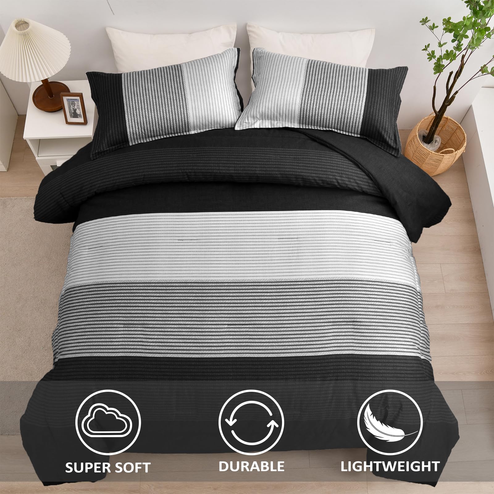 WONGS BEDDING King Size Black Comforter Set - Reversible Black Striped Down Alternative Duvet Cover with 2 Pillowcases (104