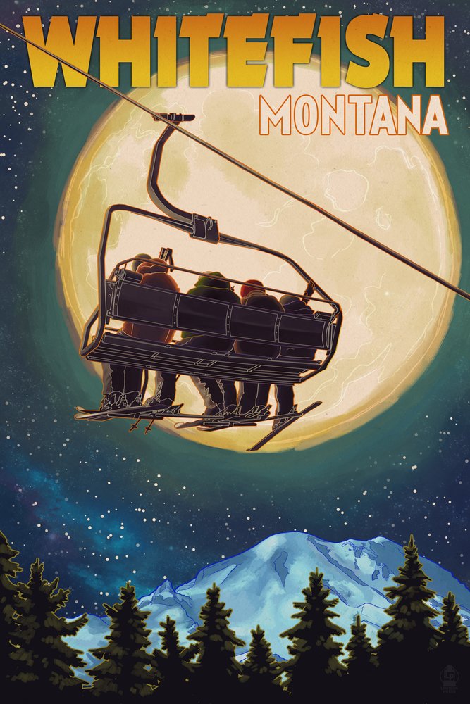 Whitefish Montana Ski Lift and Full Moon 51505 - Signed 24x36 Art Print Poster - Mountain Cabin Wall Decor for Ski Lodge, Living Room & Office
