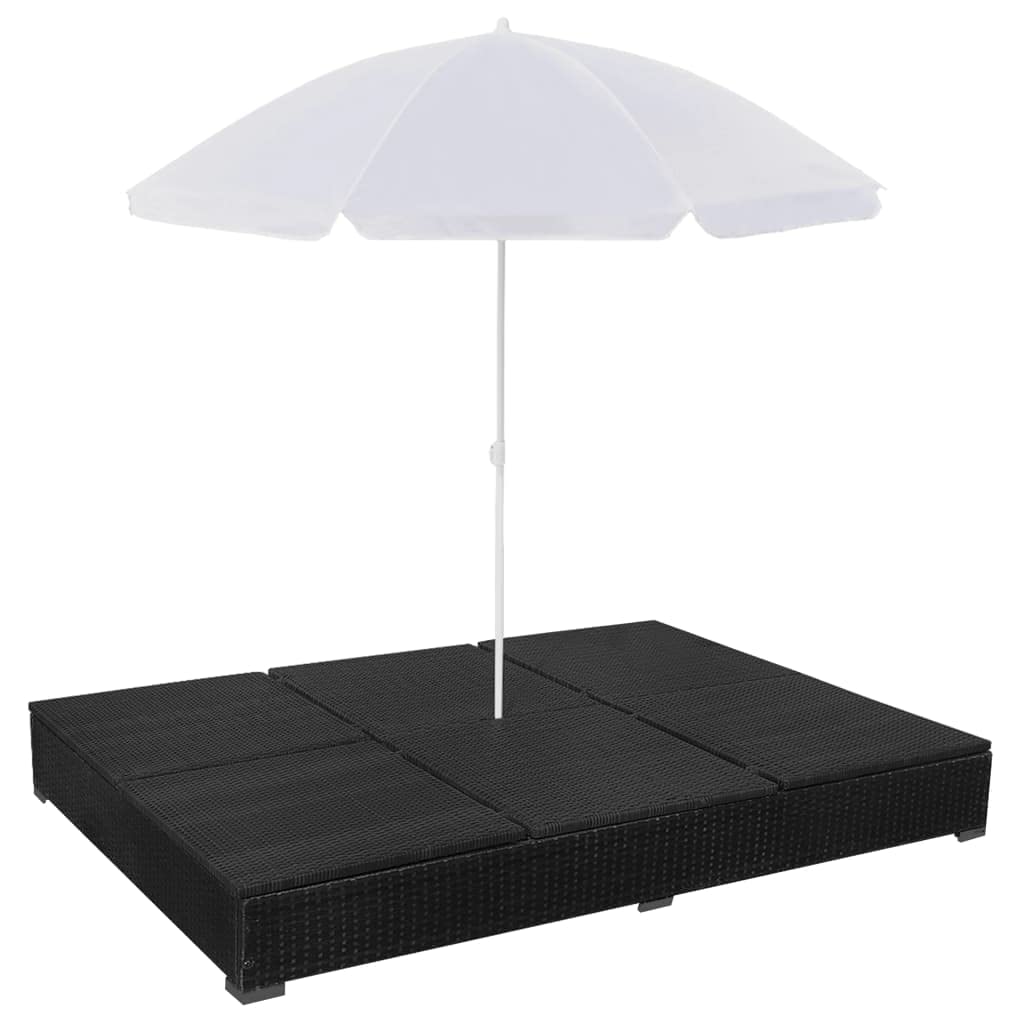 vidaXL Double Patio Lounge Bed - Weather-Resistant Waterproof Poly Rattan Outdoor Sun Lounger with Adjustable Positions & Umbrella - Black - Perfect for Poolside Relaxation, Backyard Lounging, and Patio Comfort