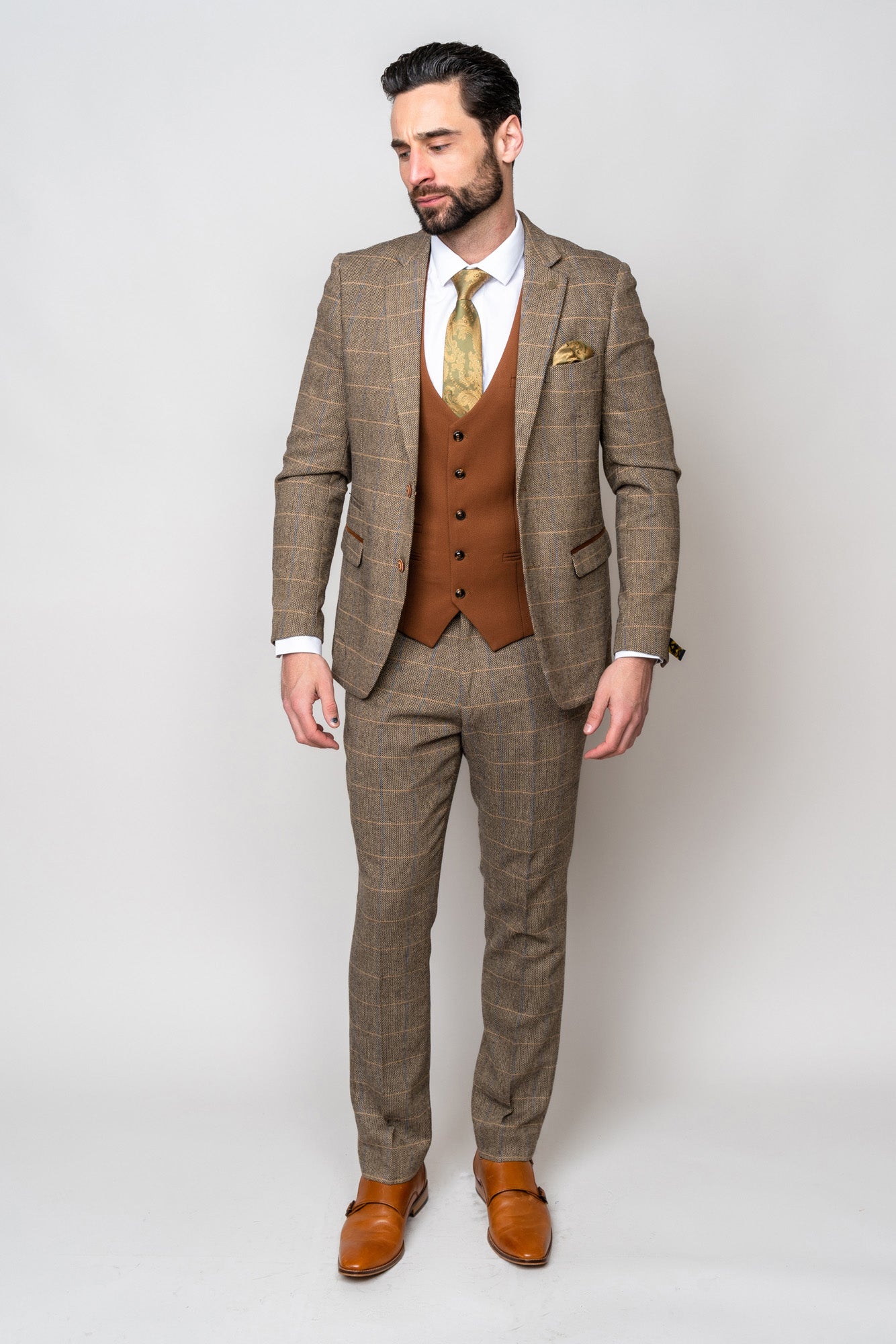 Stylish TED Tan Tweed Check Suit with Kelvin Tan Waistcoat - Perfect for Business Meetings, Weddings & Formal Events