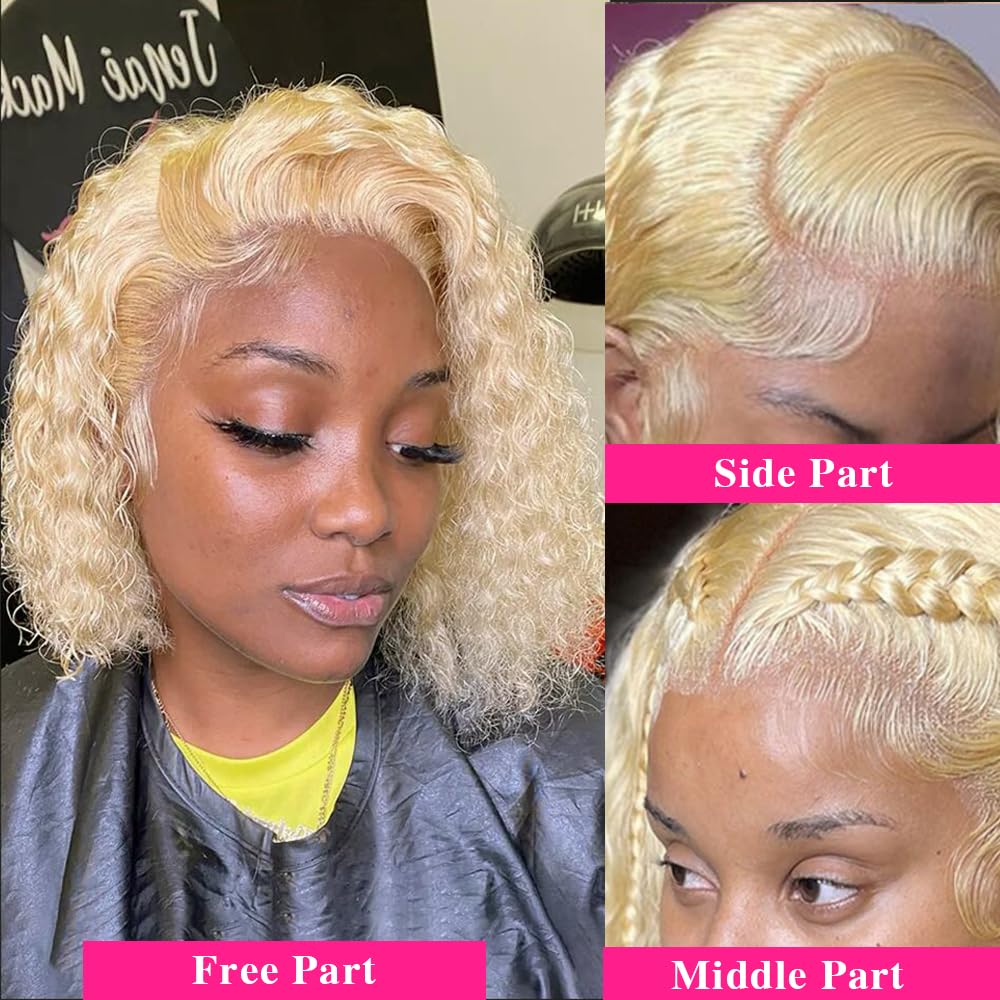 613 Blonde Bob Wig Human Hair 13x4 Lace Front Wig - Short Curly Bob Wigs for Black Women with Pre-Plucked Baby Hair & 180% Density (12 Inch) - Perfect for Cosplay, Daily Wear & Special Occasions