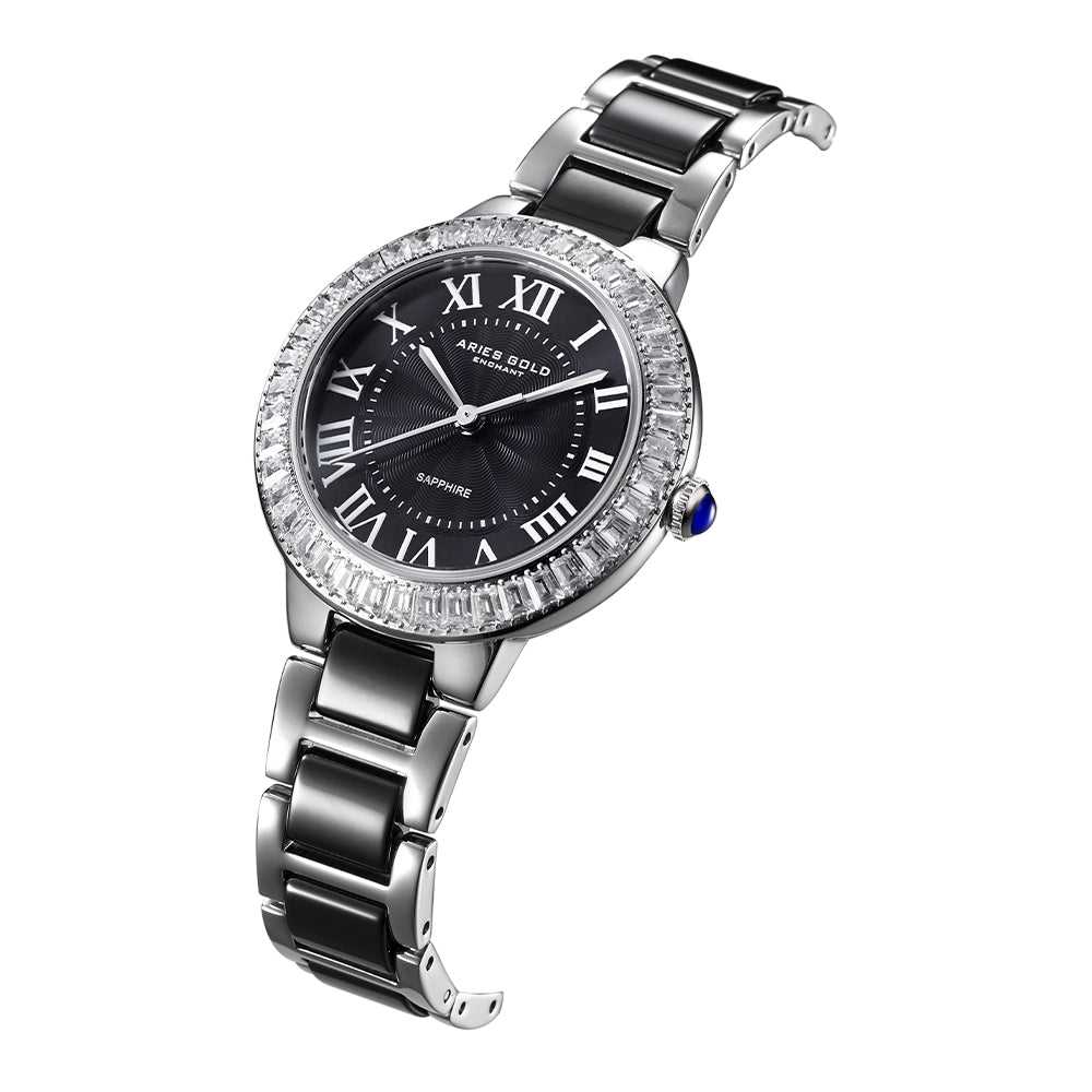 ARIES GOLD ENCHANT CAPELLA Silver Stainless Steel Women's Watch with Black Ceramic Band - Elegant Dress Watch for Women, Perfect for Office, Party & Special Occasions