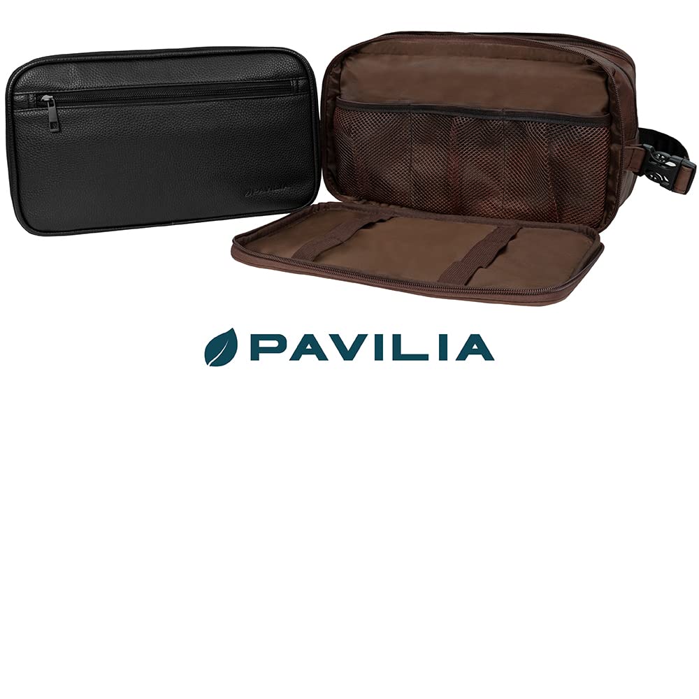 PAVILIA Men's Travel Toiletry Bag - Waterproof PU Leather Dopp Kit Organizer for Shaving, Cosmetics & Grooming Essentials (Black) | Perfect for Business Trips, Gym & Vacation