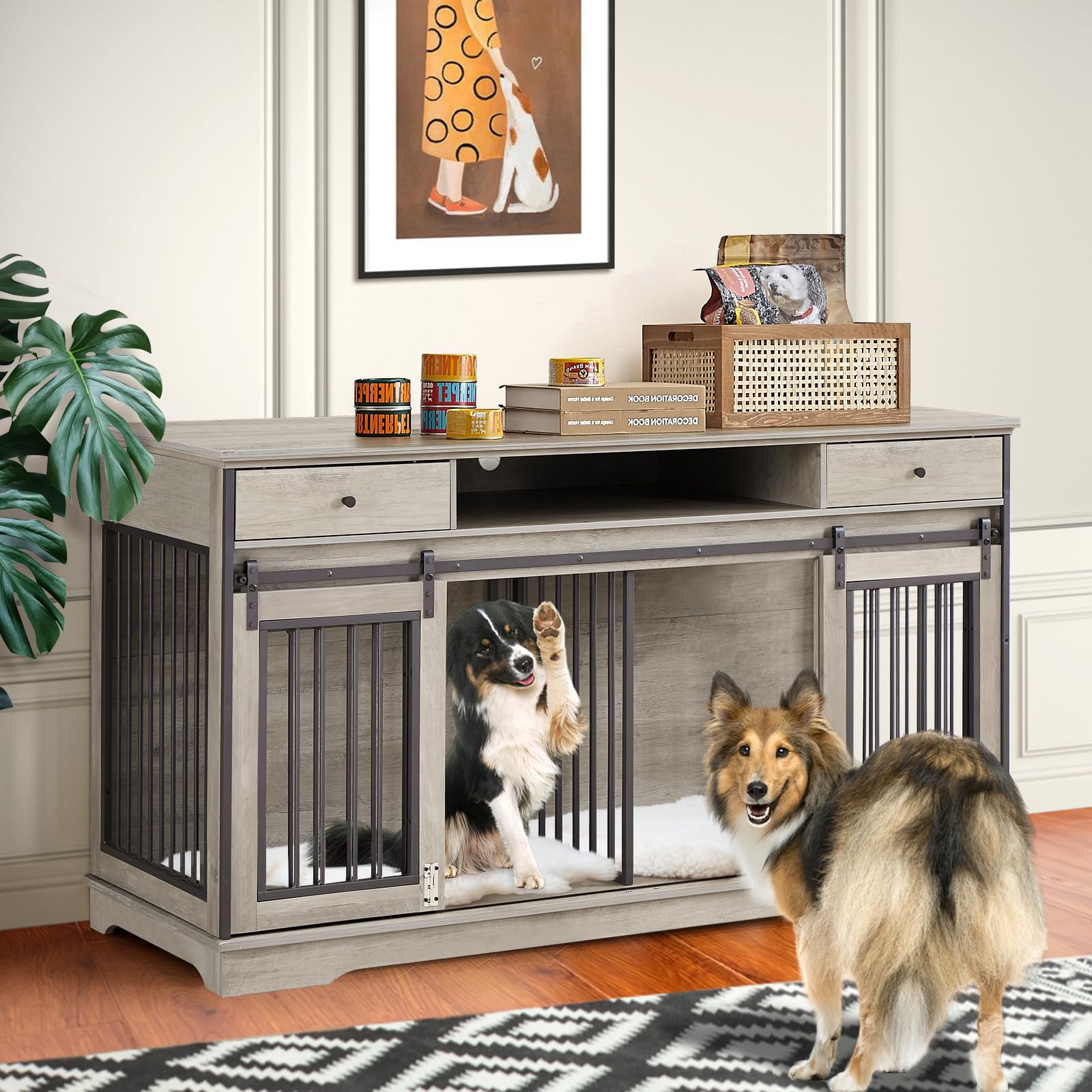3-in-1 Double Dog Crate Furniture - 66.1 Inch Grey Durable Pet Kennel with Divider for 2 Dogs, Multifunctional TV Stand with 2 Drawers & Sliding Doors - Perfect for Living Room, Bedroom or Home Office Pet Space