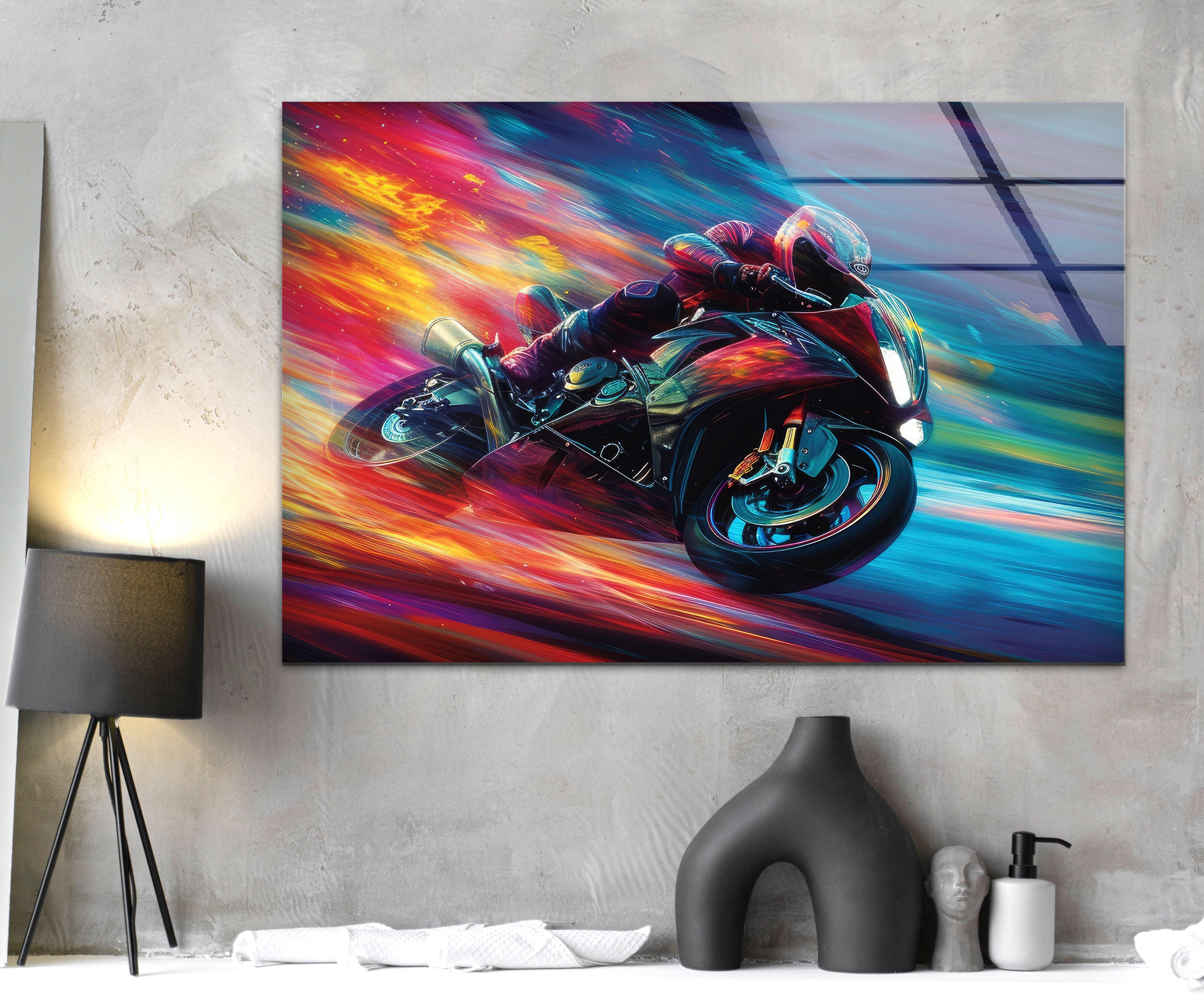 Vibrant Motor Racer Glass Wall Art - Modern Home Decor for Living Room, Bedroom & Office - Unique Automotive Themed Gift for Car Enthusiasts
