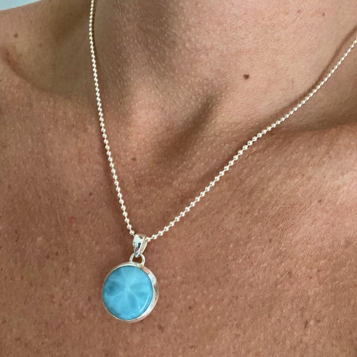 Elegant Round Larimar Pendant Necklace for Women - Handcrafted Sterling Silver Jewelry, Perfect for Gifts, Weddings & Special Occasions