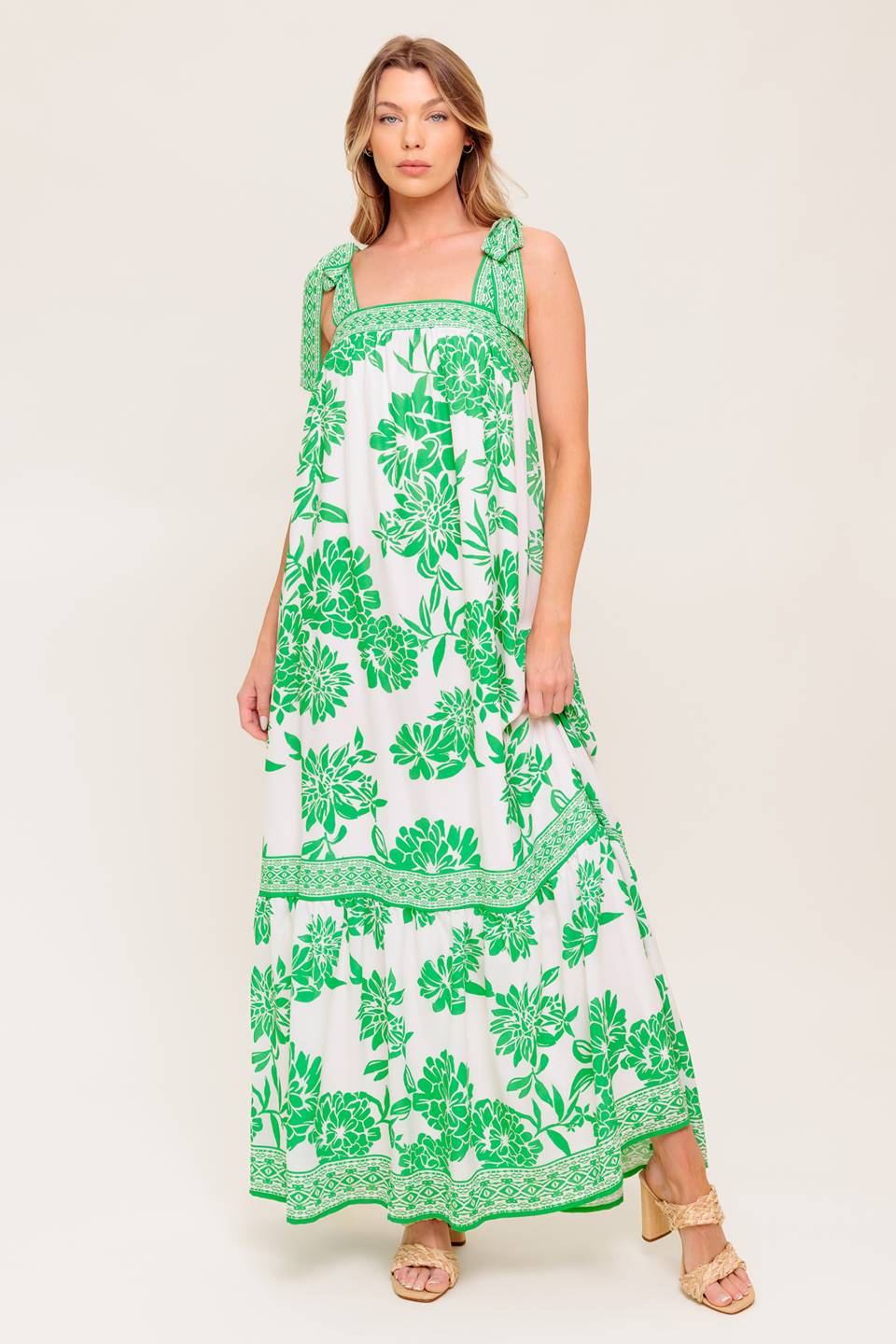 Green Gardens Maxi Dress - Flowy Summer Dress for Women, Boho Chic Beach Dress, Perfect for Vacations, Parties & Outdoor Events