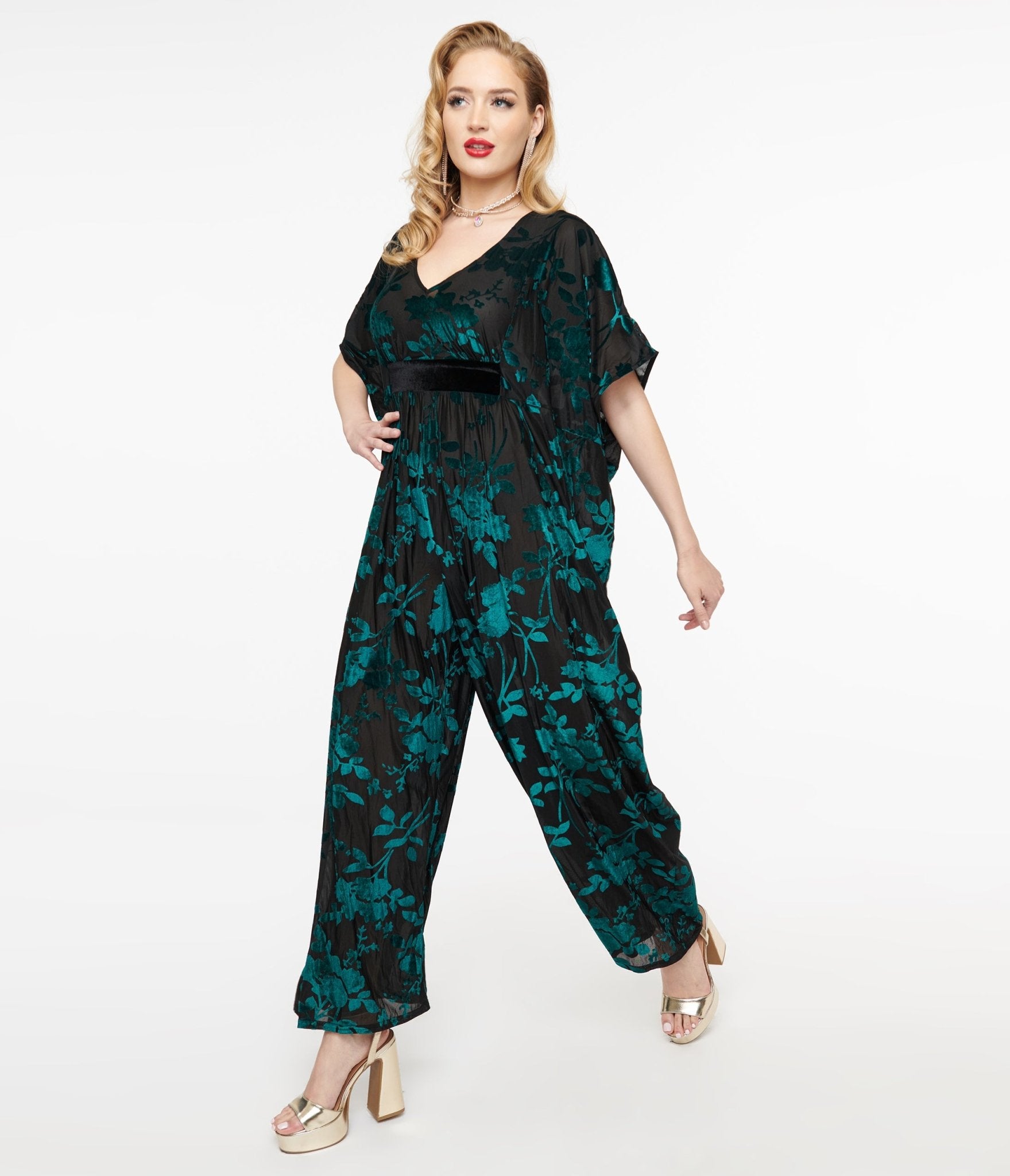 Vintage 1970s Black & Teal Velvet Floral Burnout Caftan Jumpsuit - Retro Boho Chic Outfit for Women, Perfect for Parties, Festivals & Special Occasions