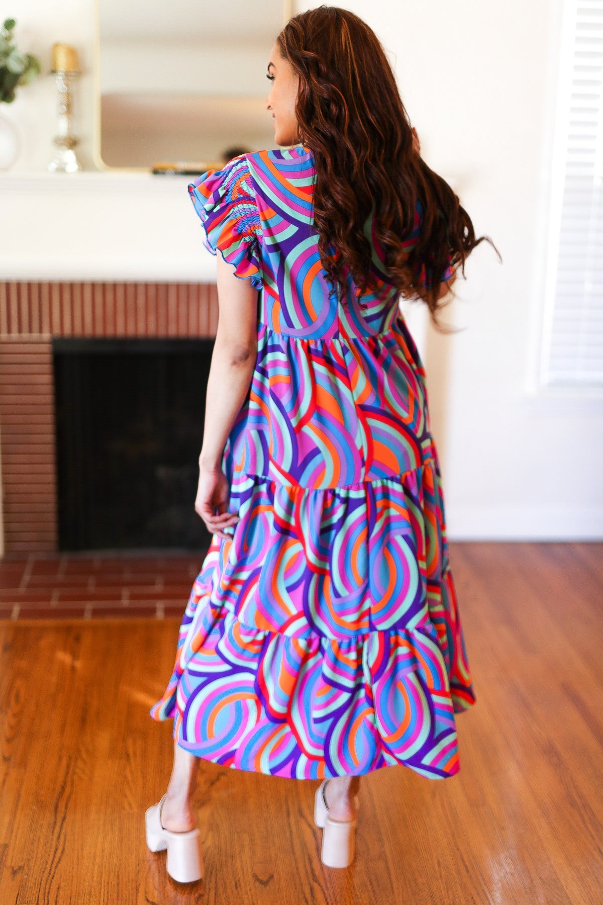 Stylish Purple Abstract Print Smocked Ruffle Sleeve Maxi Dress for Women | Flowy Bohemian Summer Beach Dress | Perfect for Vacations, Weddings & Date Nights