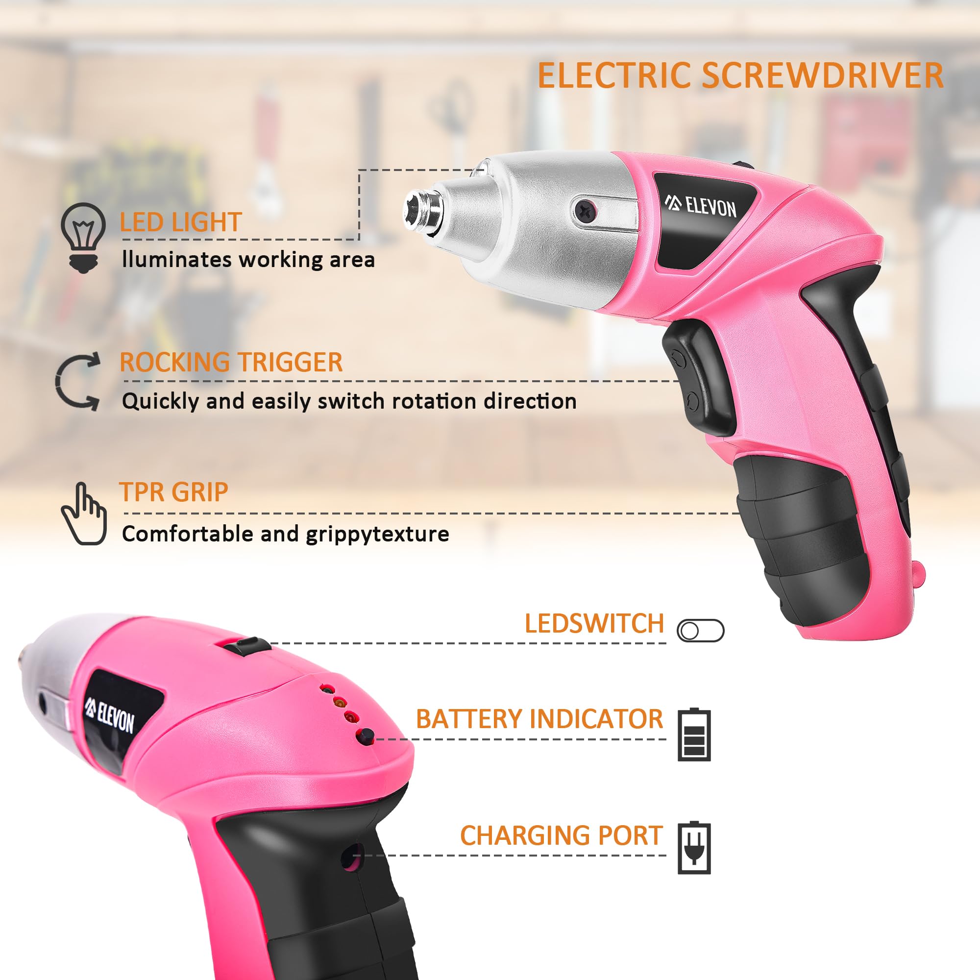 27-Piece Pink Cordless Electric Screwdriver Set with Rechargeable Battery, LED Light & Drill Bits - Lightweight Portable Power Tool for DIY Home Repair, Furniture Assembly & Craft Projects