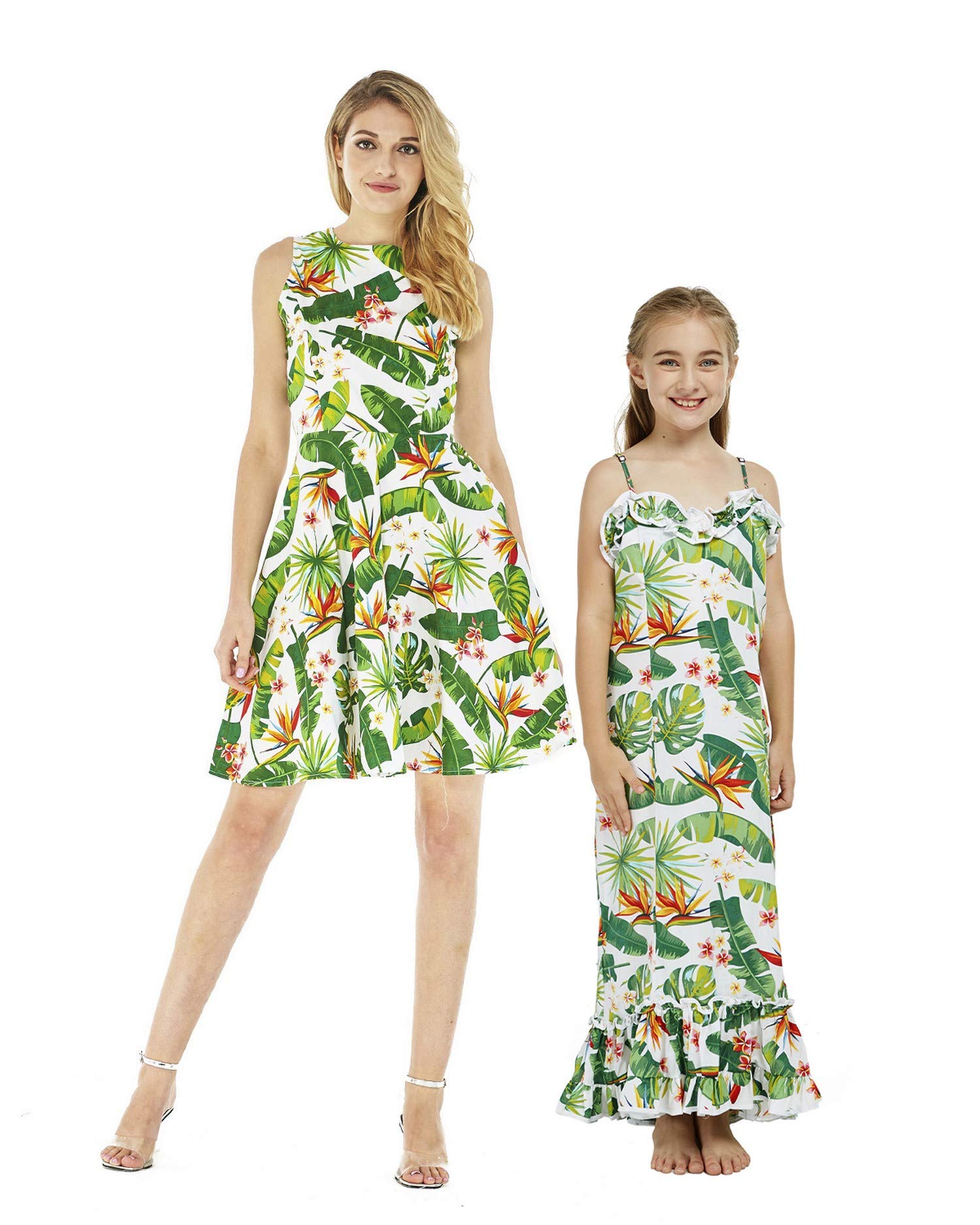 Stylish Matching Hawaiian Luau Mother Daughter Outfits - Floral Fit & Flare Dress & Muumuu in Bird of Paradise Print | Perfect for Beach Vacations, Family Photos & Tropical Parties