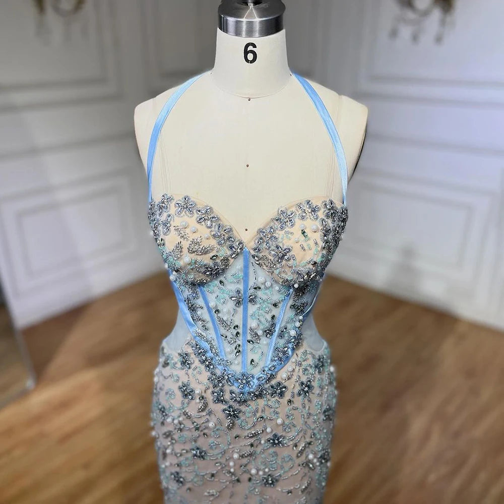 Luxury Beaded Spaghetti Strap Evening Gown for Women - Dubai Blue Mermaid Arabic Dress for Wedding, Party & Special Occasions | Elegant Formal Wear for Prom, Gala & Red Carpet Events