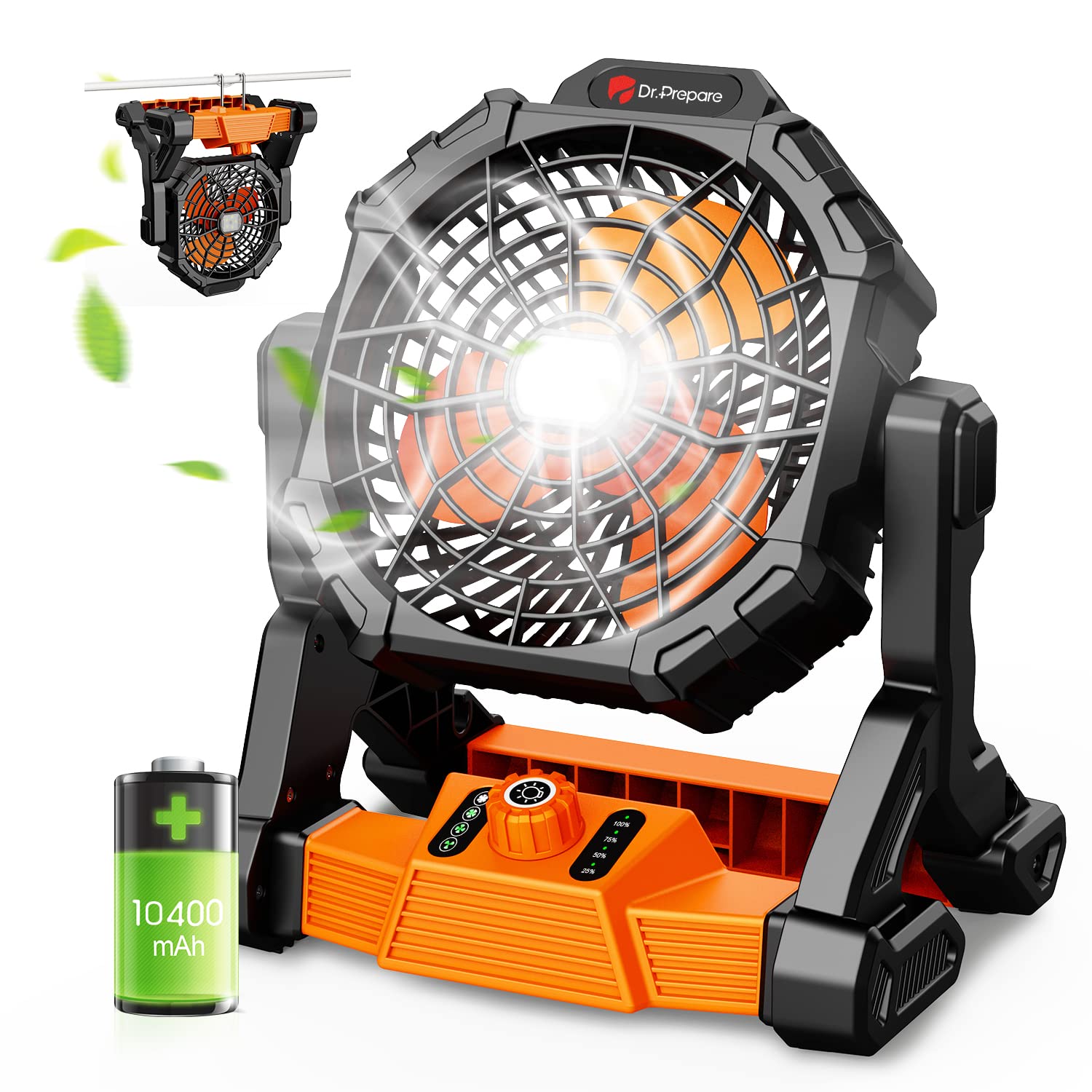 DR.PREPARE Portable Camping Fan with LED Lantern - Rechargeable 10400mAh Battery, 4 Speed Settings, 270° Adjustable Head - Perfect for Outdoor Camping, BBQ, Fishing, Travel, Home & Office Use