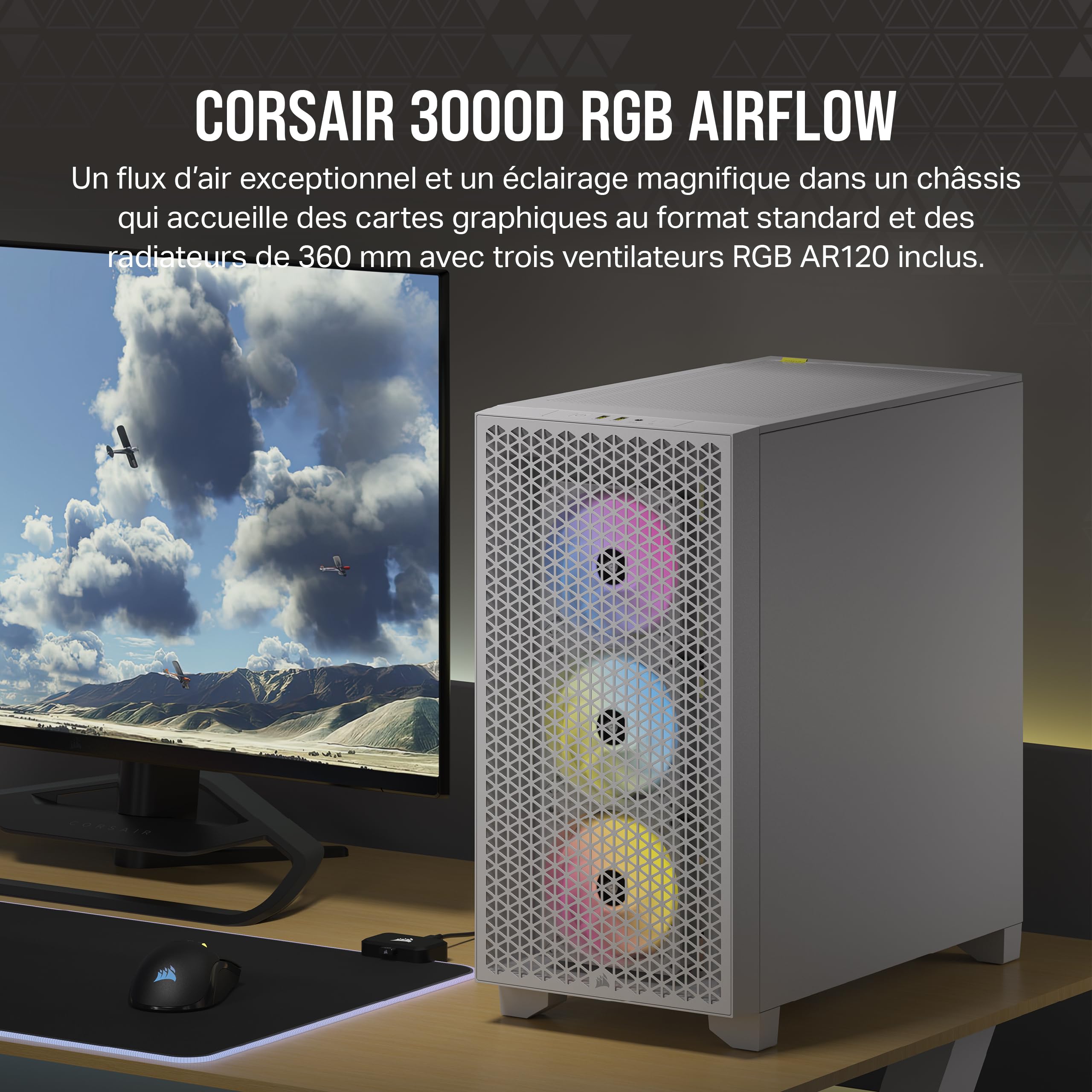 CORSAIR 3000D RGB Airflow Mid-Tower PC Case - 3X AR120 RGB Fans, Triple GPU Support, High-Airflow Design, Fits 8X 120mm Fans - White Gaming PC Case for Home & Office Use, Perfect for Gaming Rigs & Workstations