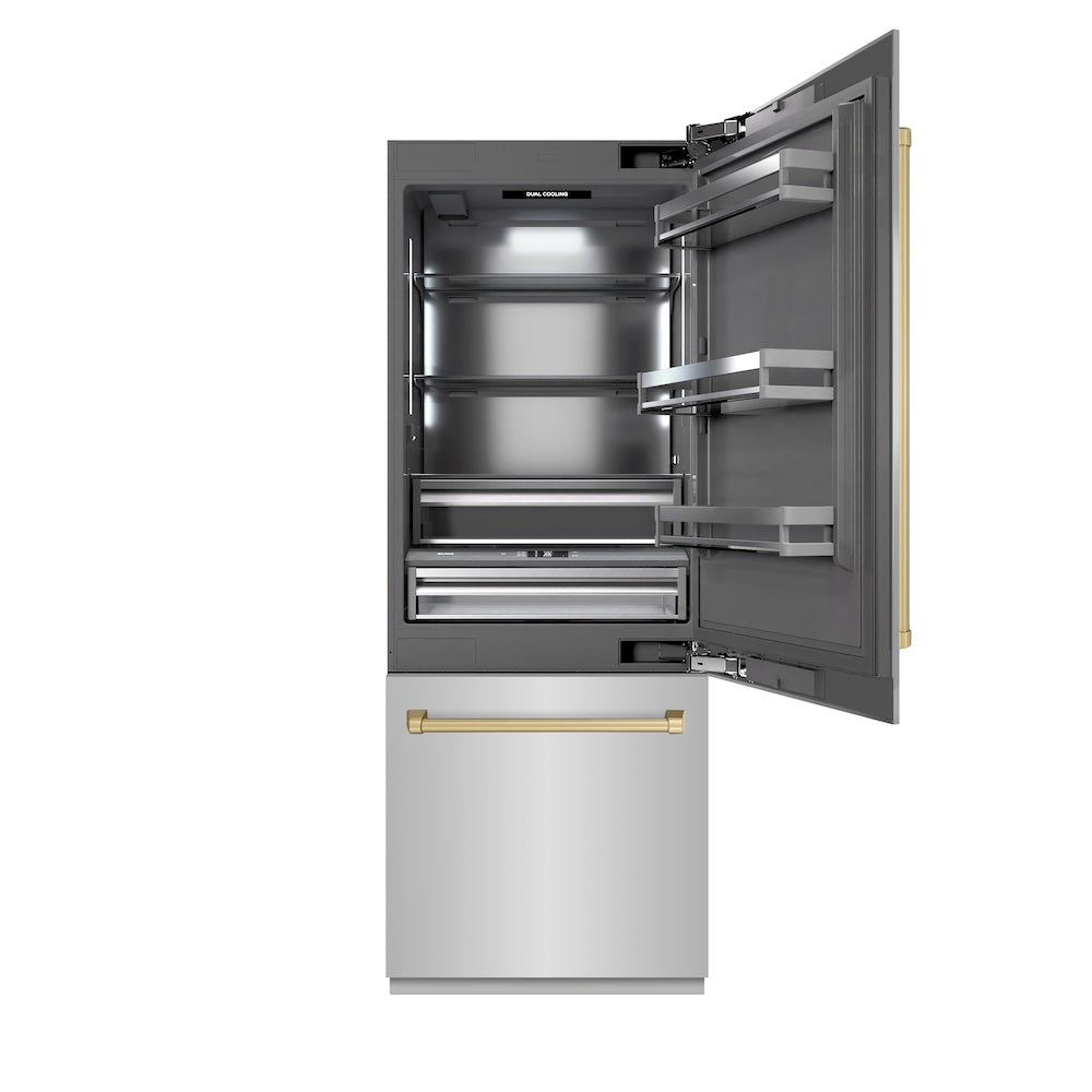 ZLINE Autograph Edition 30-Inch Built-In Bottom Freezer Refrigerator - 16.1 cu.ft Capacity, Stainless Steel with Graphite Gray Interior & Champagne Bronze Accents, Water Dispenser & Ice Maker (GRBIVZ 304 30CB) - Perfect for Modern Kitchens, Open Concept Homes & Luxury Appliances Upgrade