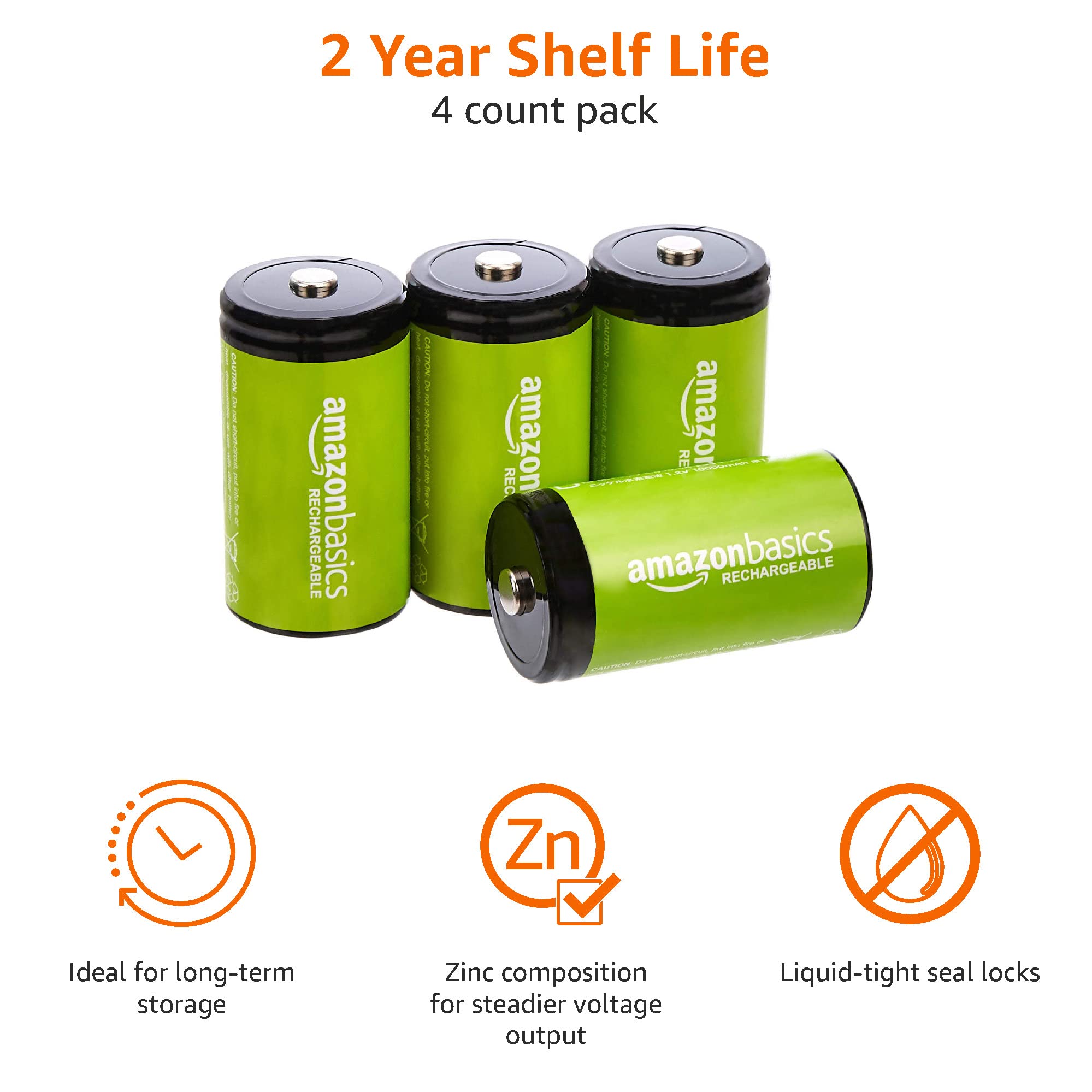 Amazon Basics Rechargeable D Cell Batteries - 4 Pack NiMH 10000mAh High Capacity - 1000 Charge Cycles - Pre-Charged for Immediate Use - Ideal for Flashlights, Toys, Radios & Emergency Power Backup